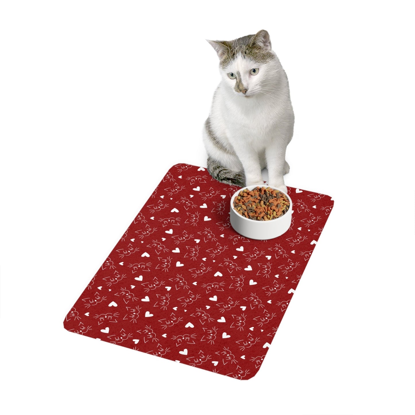 White Kitty on Red Pet Food Mat (12x18) - Pets - Epileptic Al’s Shop