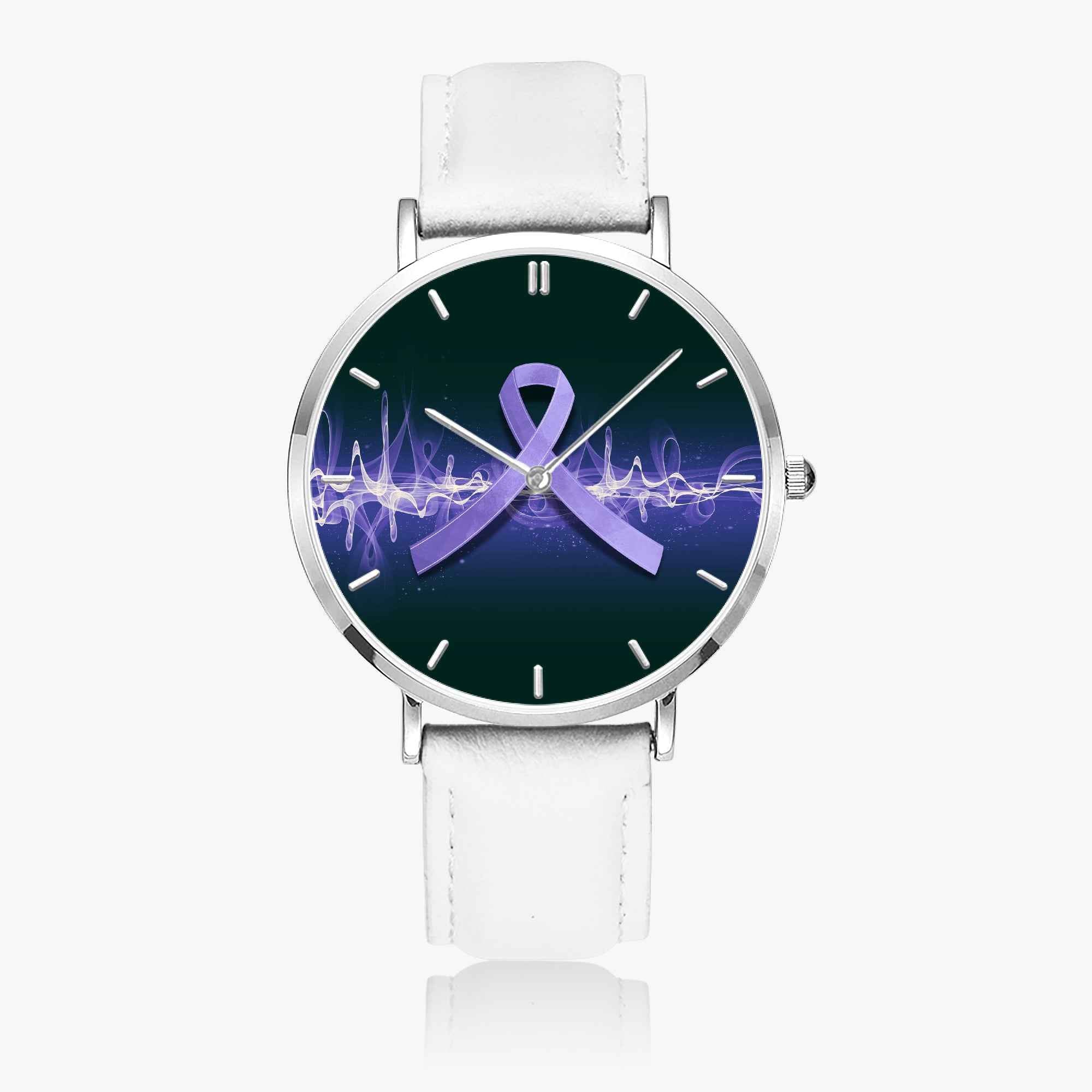 Neurostrong Purple Ribbon Watch – Unisex Stainless Steel Leather Band Timepiece