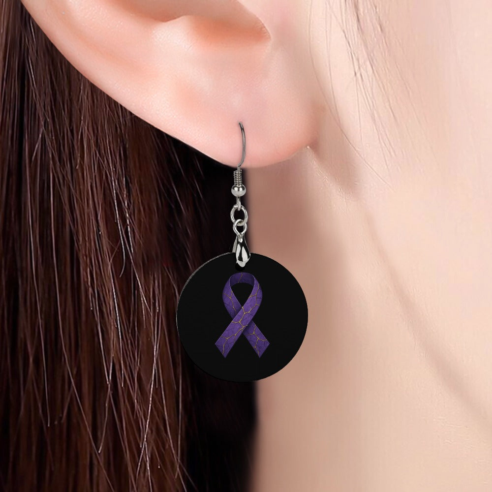 Purple Ribbon Epilepsy Awareness Wood Earrings – Lightweight Round Dangles