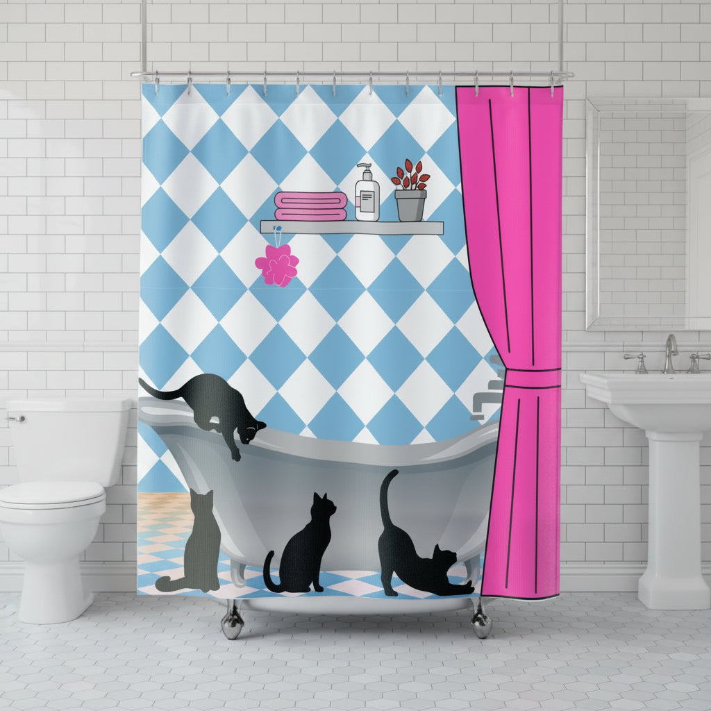 Curiosity in the Clawfoot Cat Shower Curtain