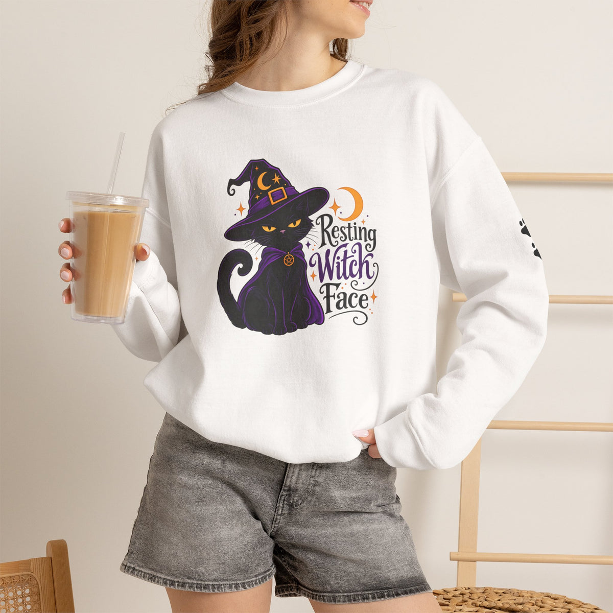 Resting Witch Face Cat Sweatshirt | Halloween Witch Cat Crewneck