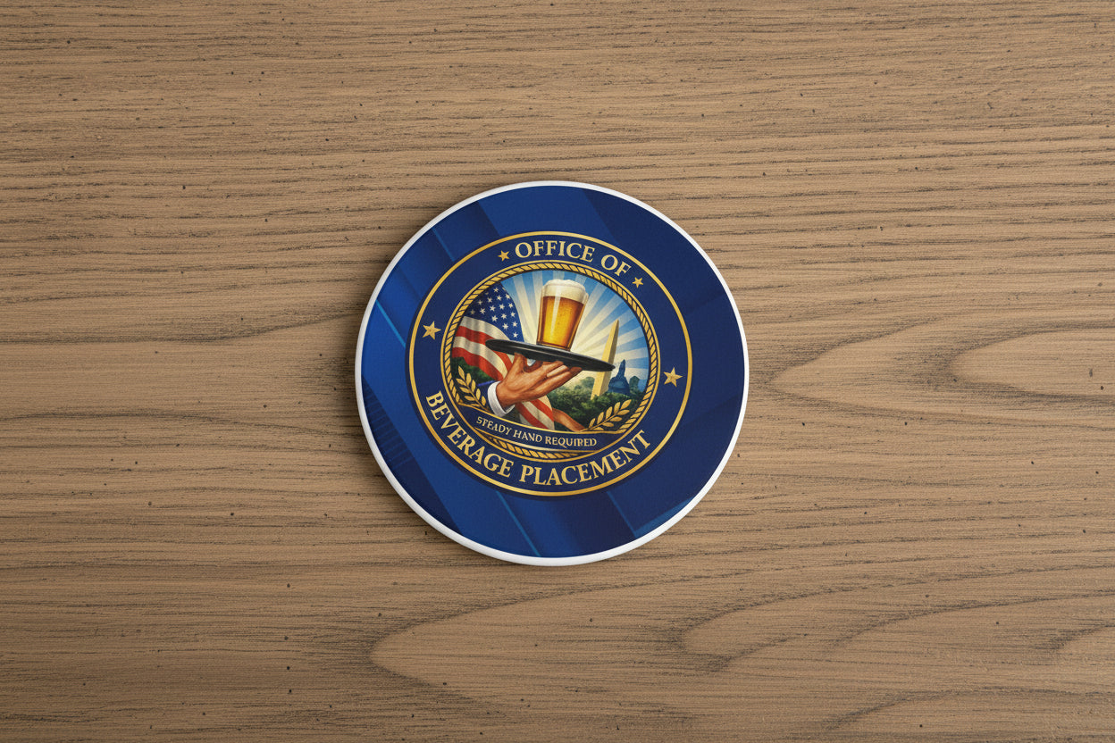 Office of Beverage Placement Coaster – “Steady Hand Required” Ceramic Coaster (Round or Square)
