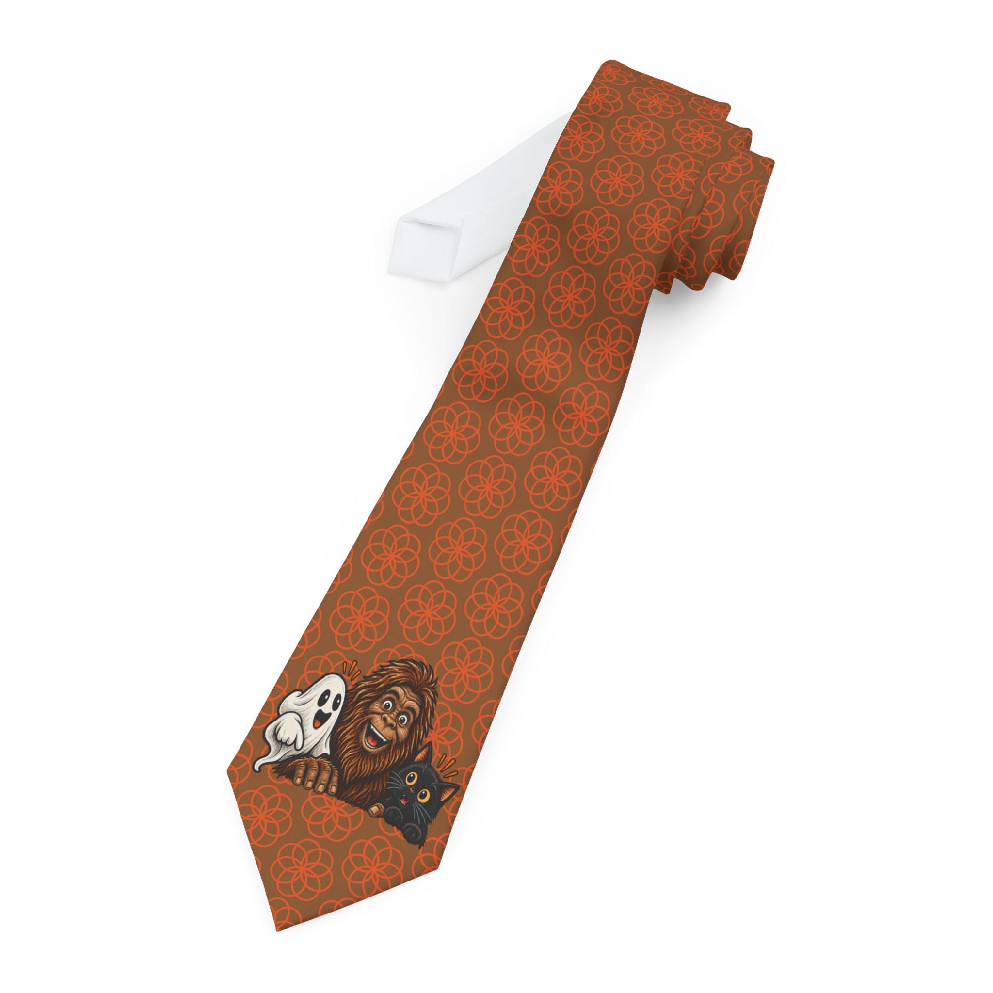 Bigfoot, Ghost & Black Cat Halloween Necktie | Cryptid Halloween Tie