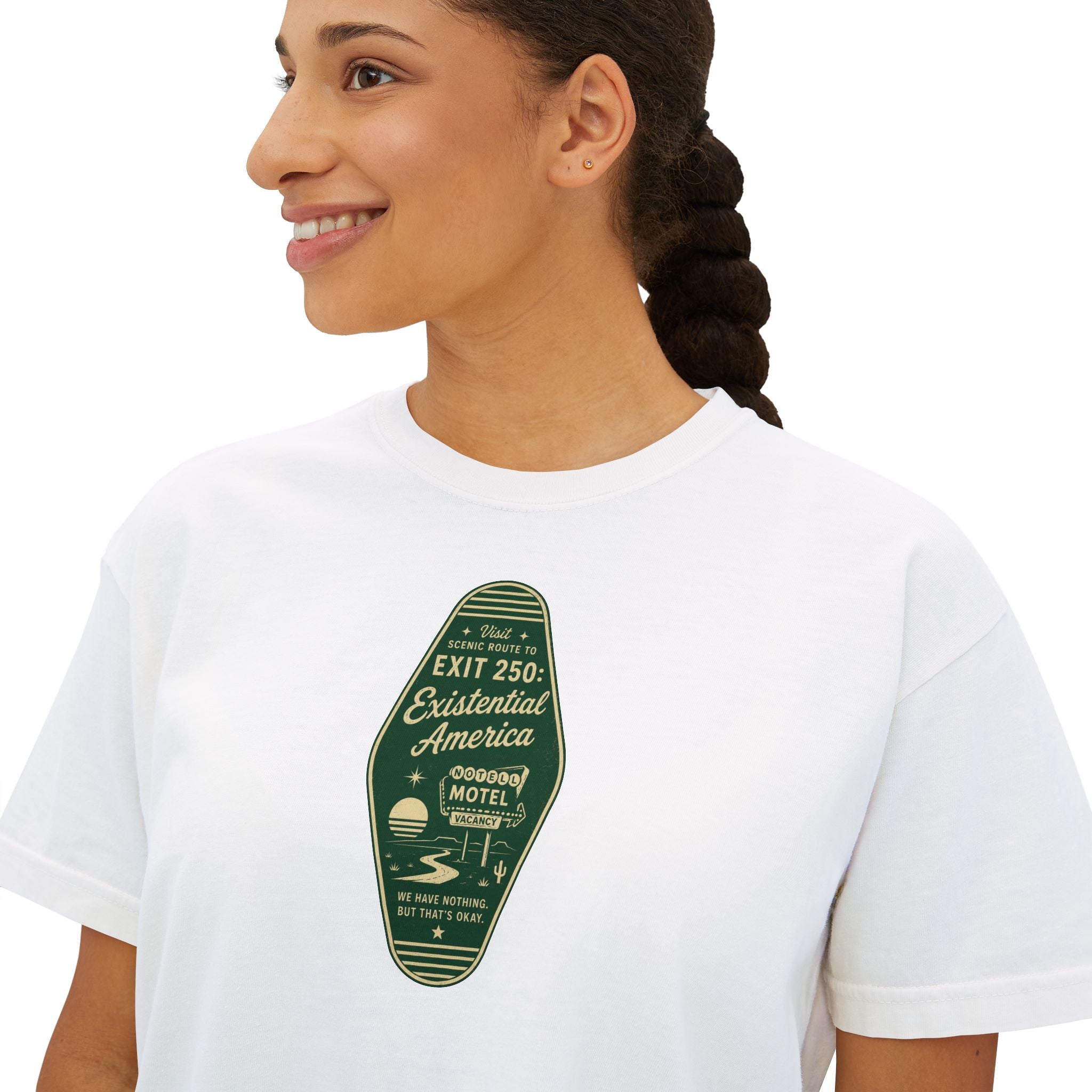 Exit 250 Existential America Cropped T-Shirt | Vintage Motel Graphic Tee