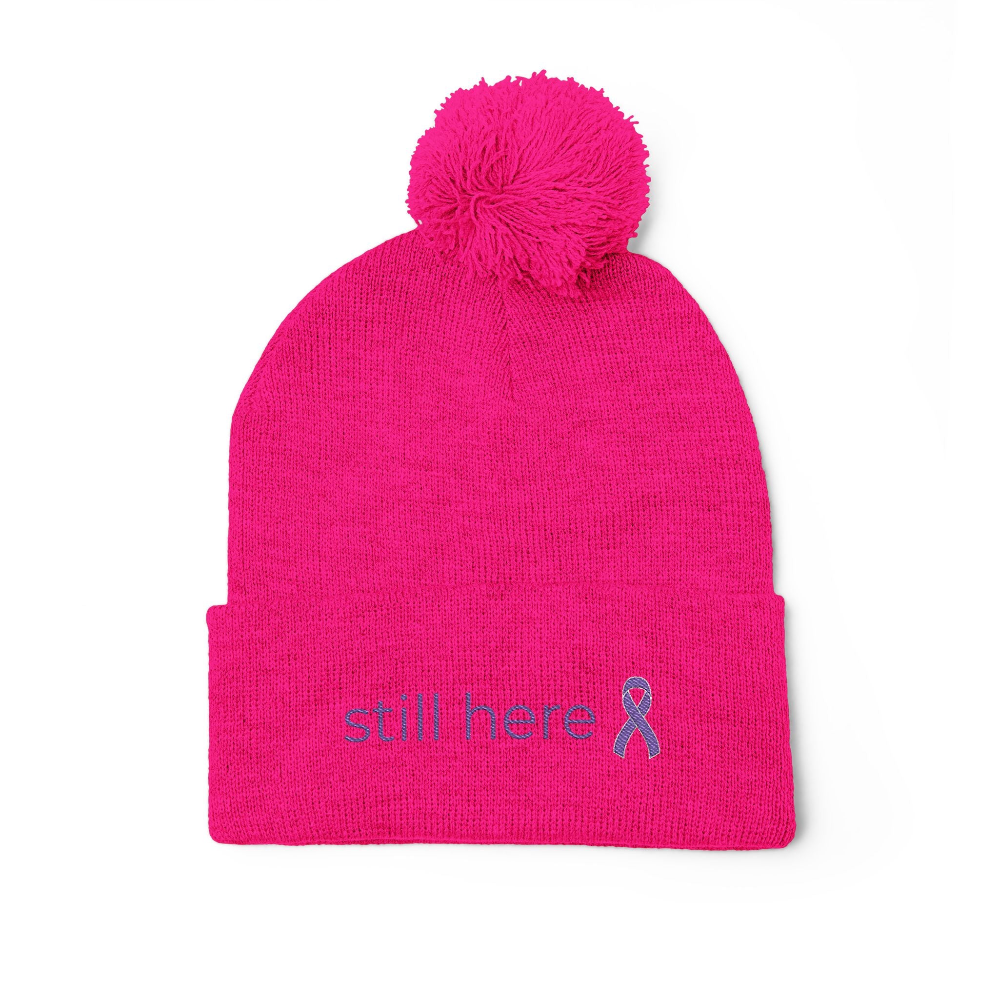 Still Here Pom-Pom Beanie – Epilepsy Awareness Knit Hat with Purple Ribbon