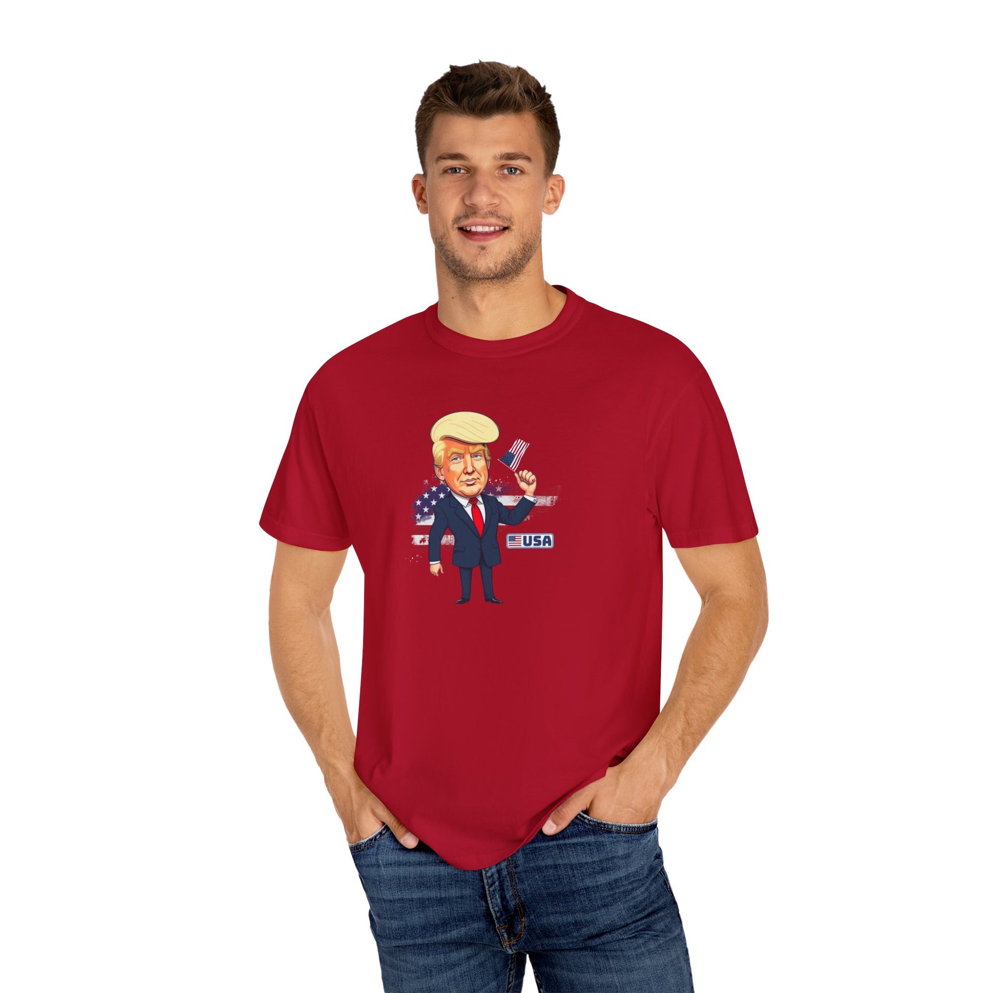Patriotic Cartoon T-Shirt - Unisex Garment-Dyed Tee with Trump Design
