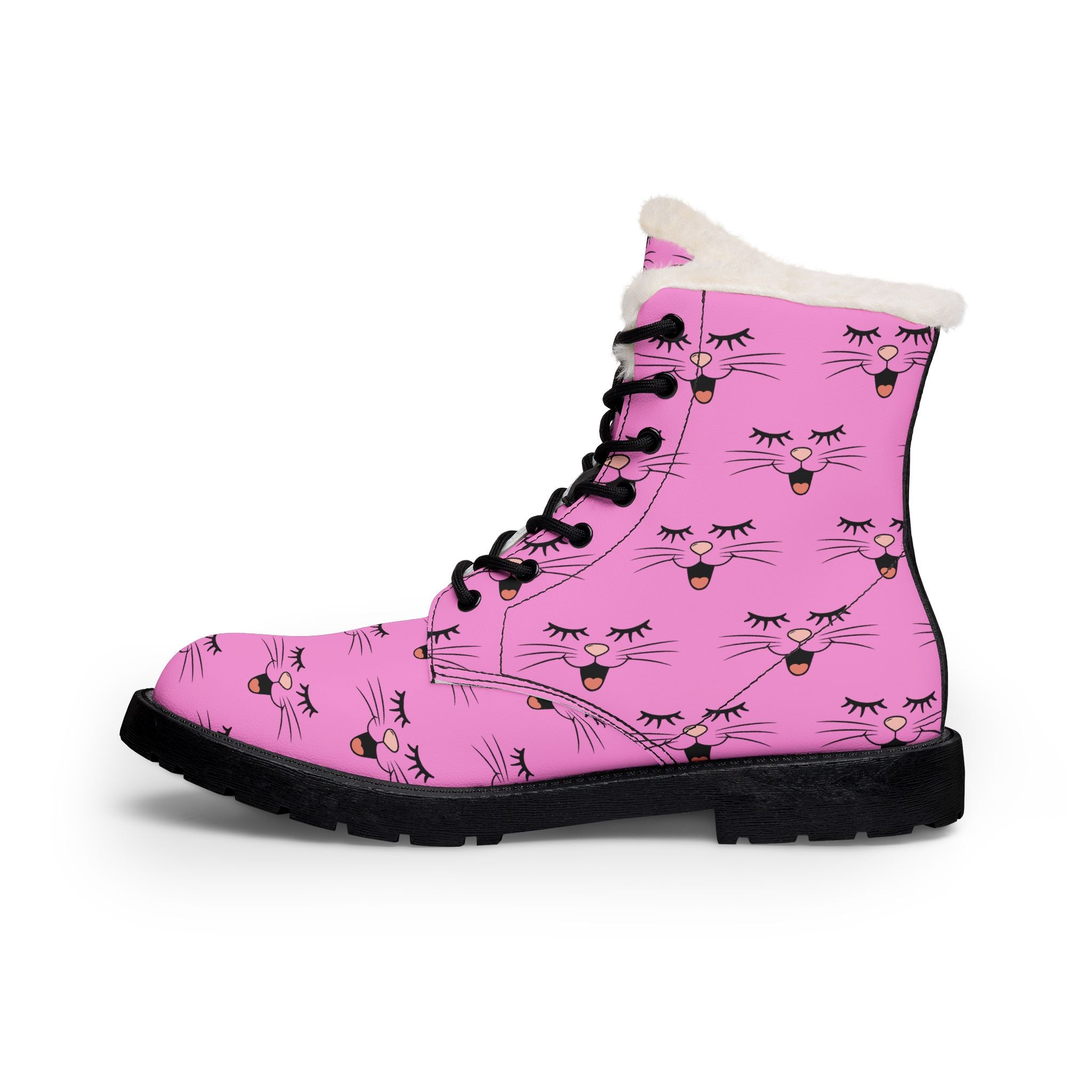 Cat Face Fur-Lined Vegan Leather Winter Boots for Women