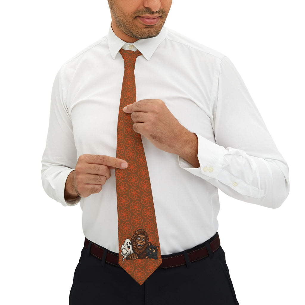 Bigfoot, Ghost & Black Cat Halloween Necktie | Cryptid Halloween Tie