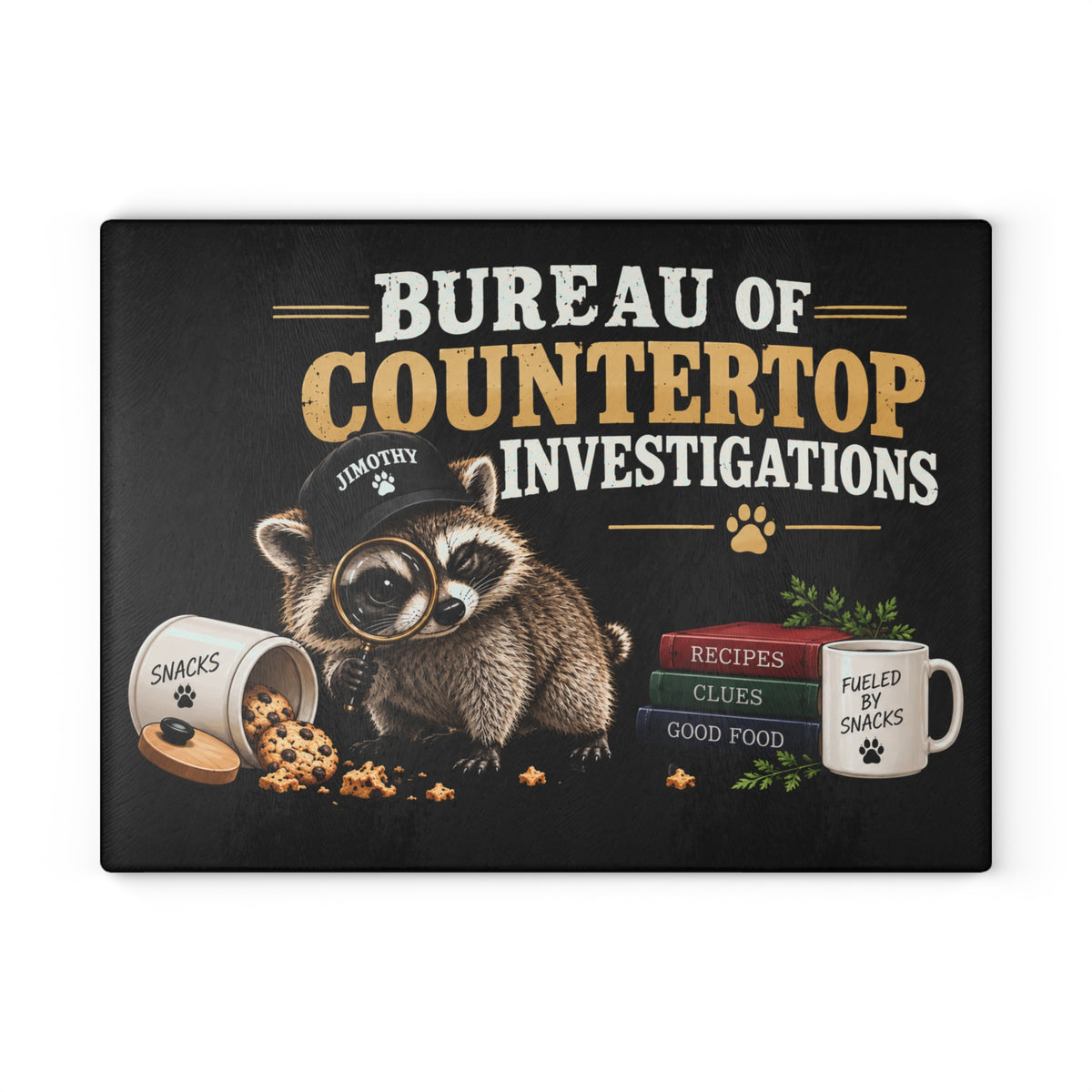 Bureau of Countertop Investigations Glass Cutting Board | Jimothy Raccoon Kitchen Decor