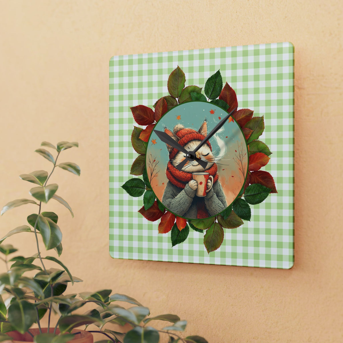 Country Autumn Kitty Acrylic Wall Clock, Cute Cat Decor