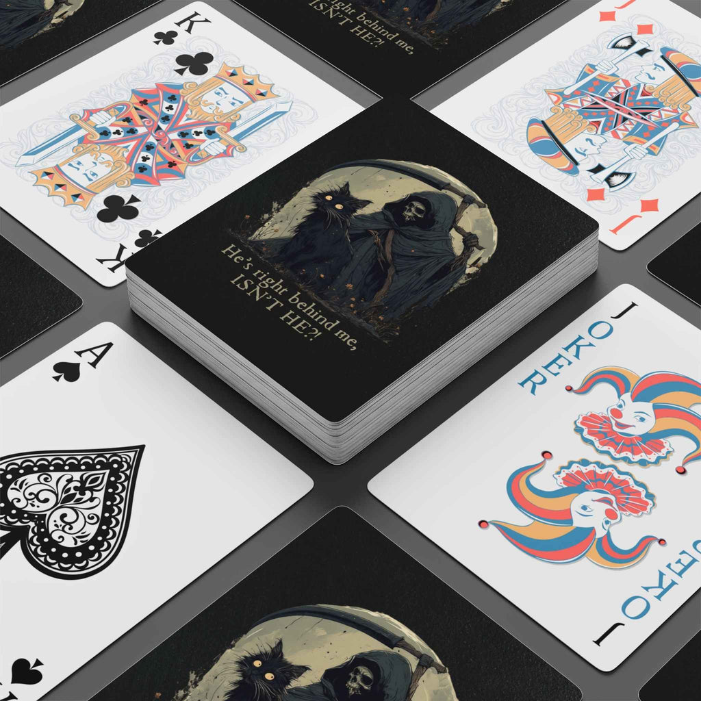 “He’s Right Behind Me, Isn’t He?” Black Cat Poker Playing Cards – Whimsical Dark Art Deck