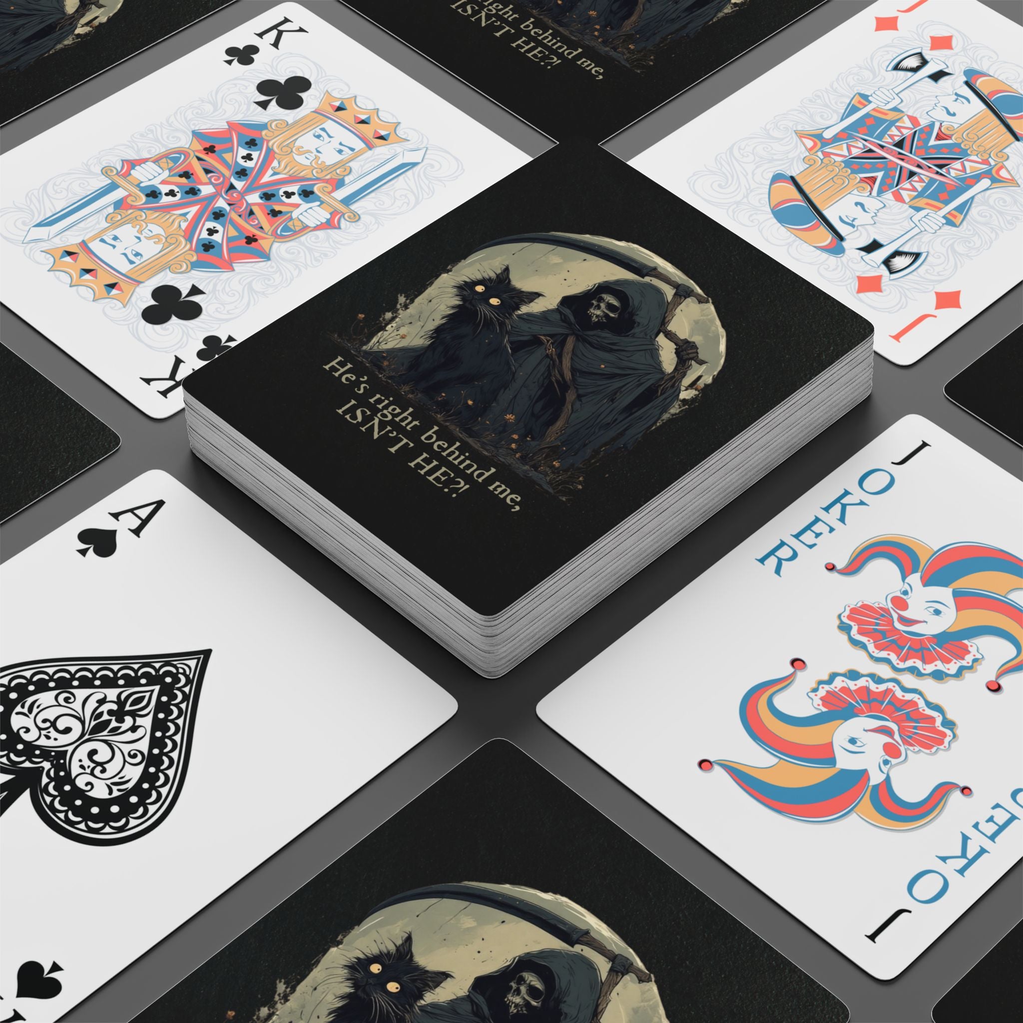 “He’s Right Behind Me, Isn’t He?” Black Cat Poker Playing Cards – Whimsical Dark Art Deck
