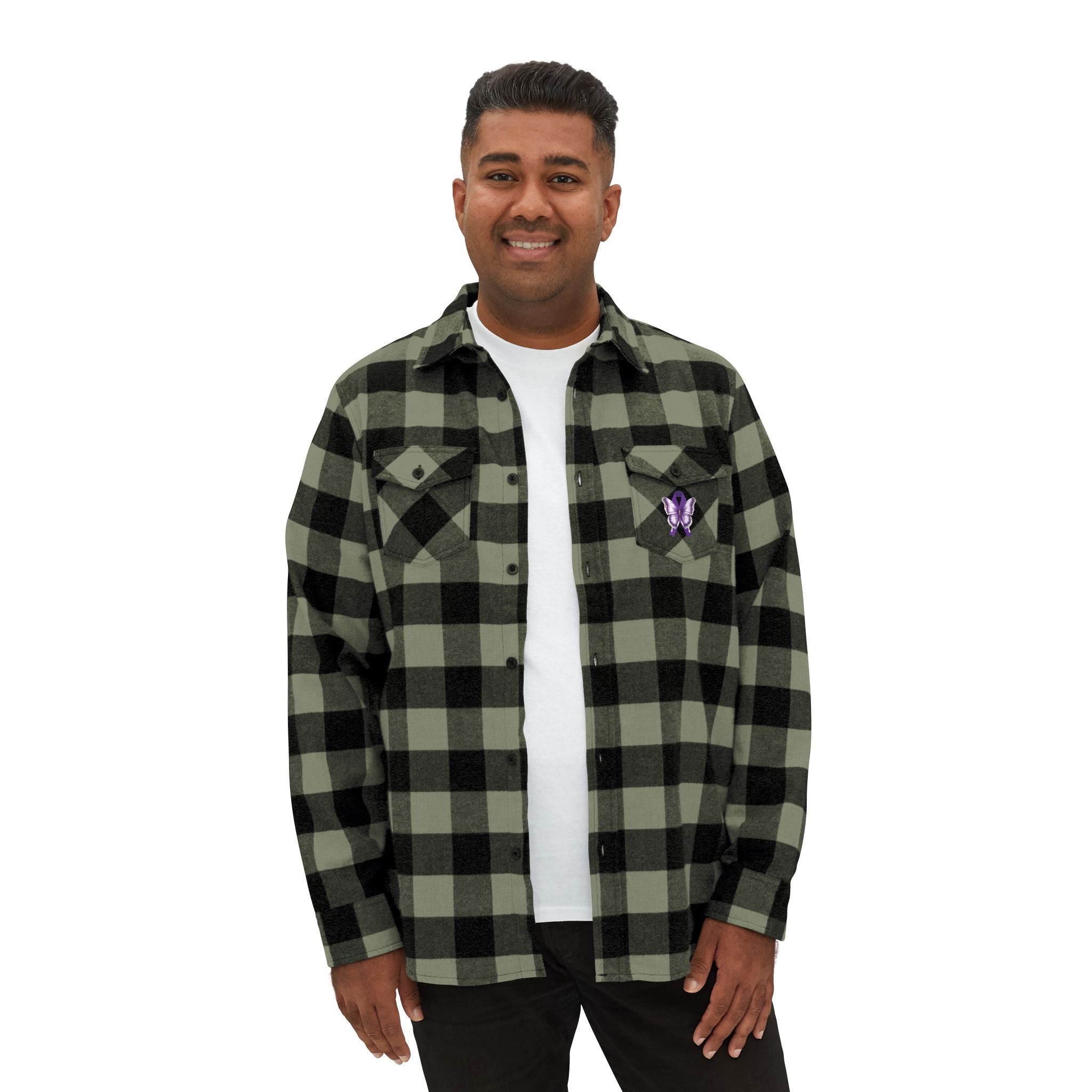 Photo depicting the ​Epilepsy Butterfly Unisex Flannel Shirt from EpiAl's Shop.