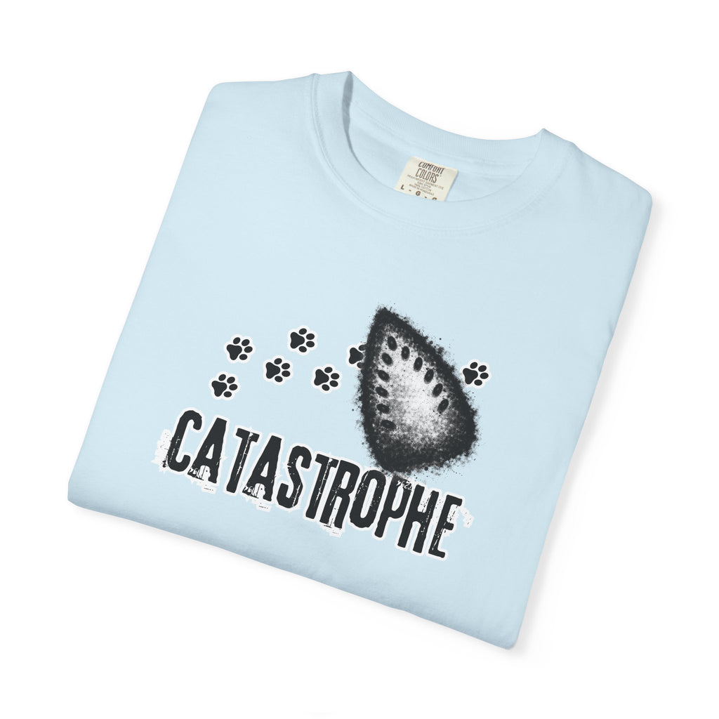 Catastrophe Iron Burn Graphic T-Shirt | Funny Cat Pun Shirt | Distressed Grunge Cat Tee