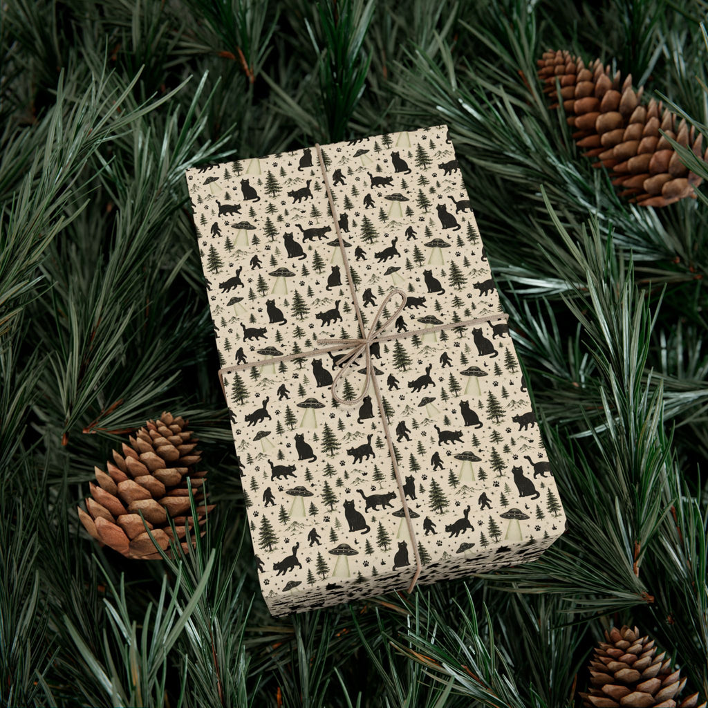 Cat, UFO & Bigfoot Wrapping Paper | Cryptid Cat Gift Wrap | Funny All-Occasion Wrap