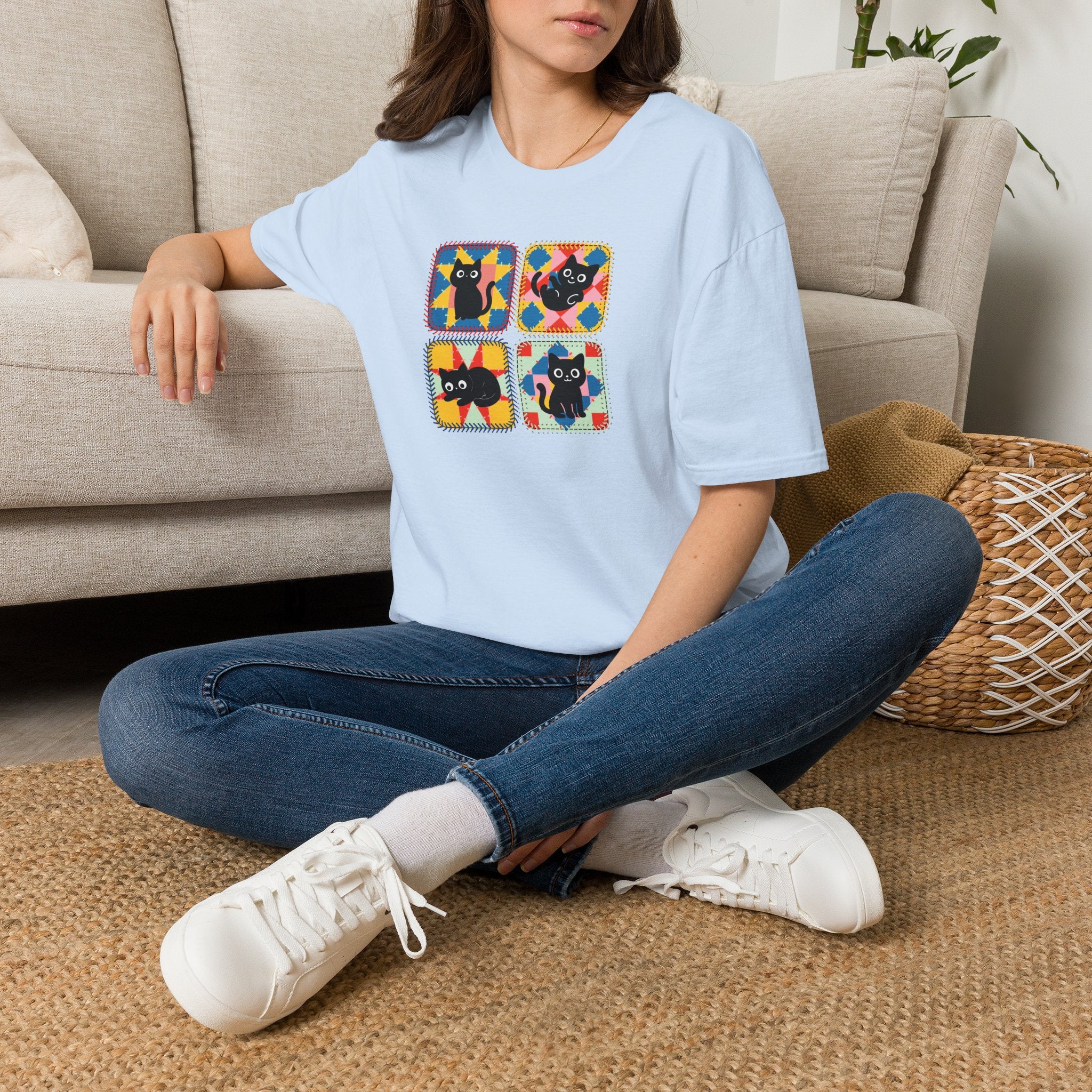 Patchwork Black Cats T-Shirt | Colorful Quilt Cat Lover Graphic Tee