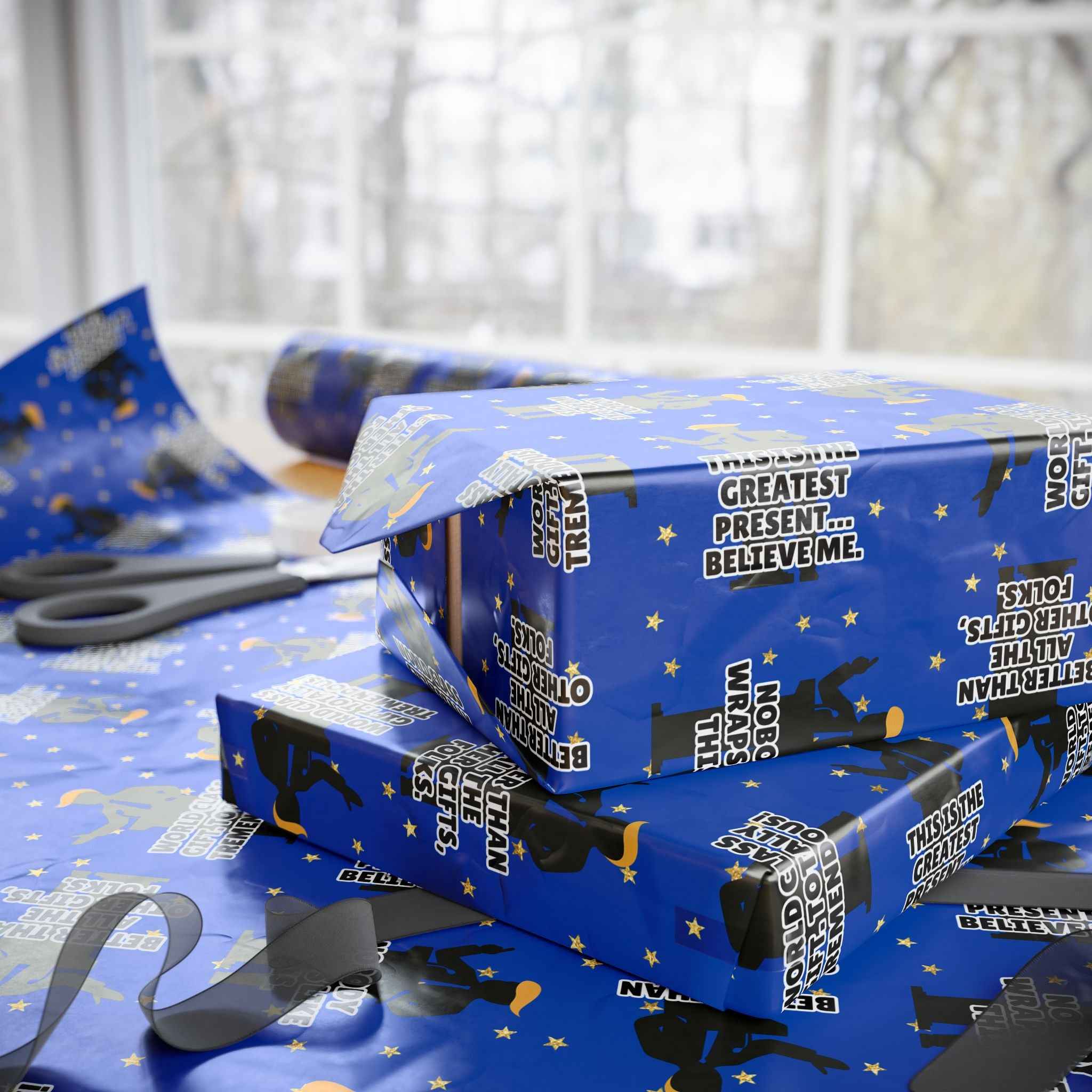 “Greatest Present, Believe Me” Political Parody Wrapping Paper