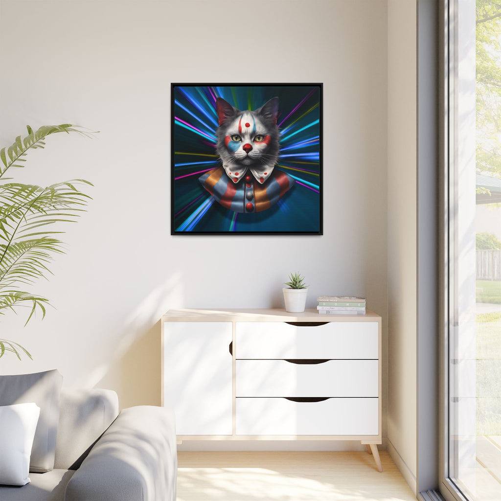 Colorful Cat Clown Framed Canvas Art – Quirky Home Decor for Pet Lovers