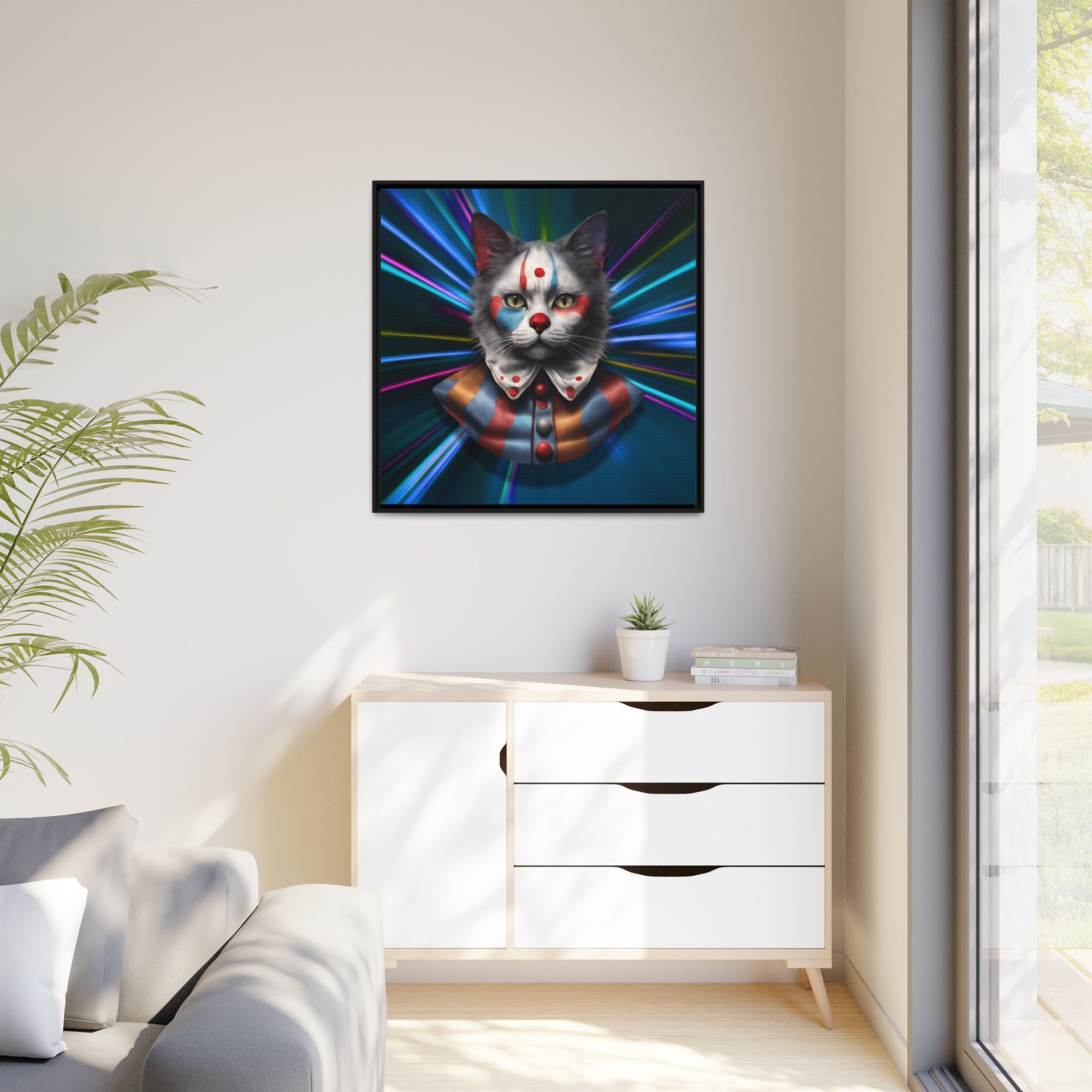 Colorful Cat Clown Framed Canvas Art – Quirky Home Decor for Pet Lovers