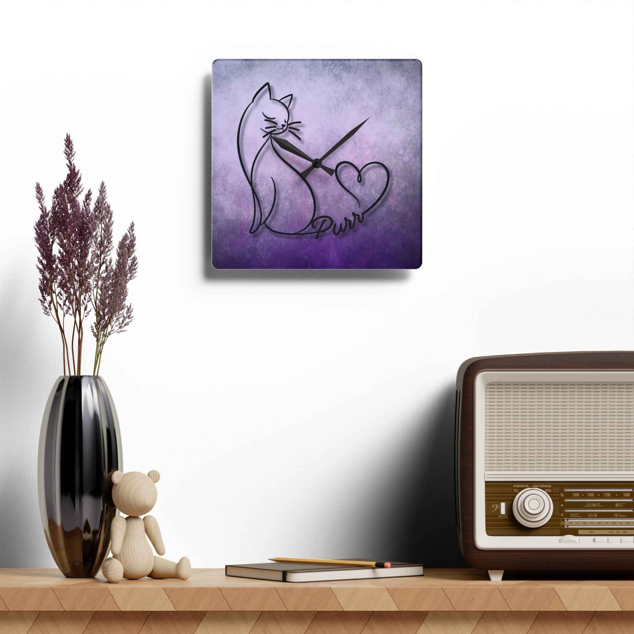 Purr Cat Heart Acrylic Wall Clock – Minimalist Cat Lover Decor