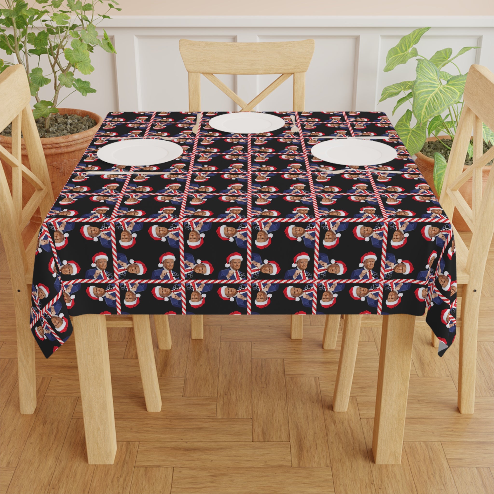 Photo depicting the ​Santa Trump Novelty Christmas Tablecloth from EpiAl's Shop.