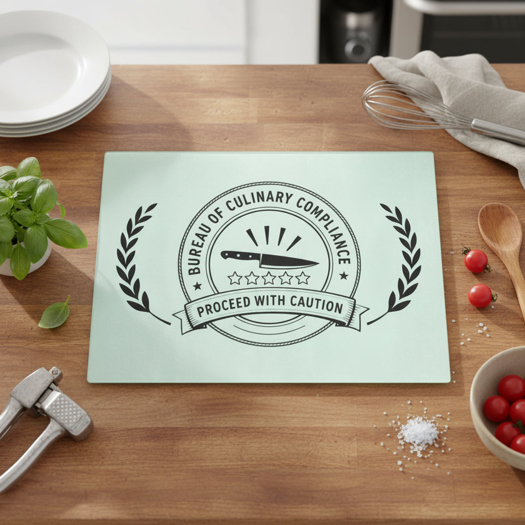 Bureau of Culinary Compliance Cutting Board – “Proceed With Caution” Glass Board