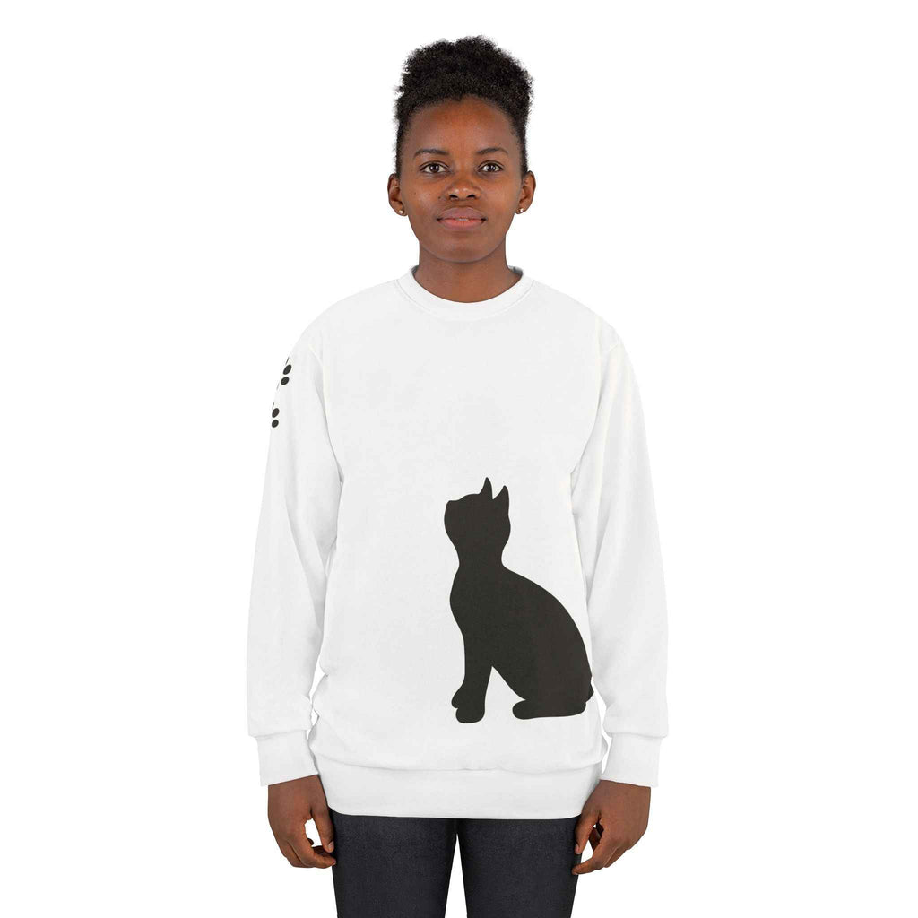 Minimalist Cat Silhouette Crewneck — Dual Black Cats with Paw-Print Sleeve