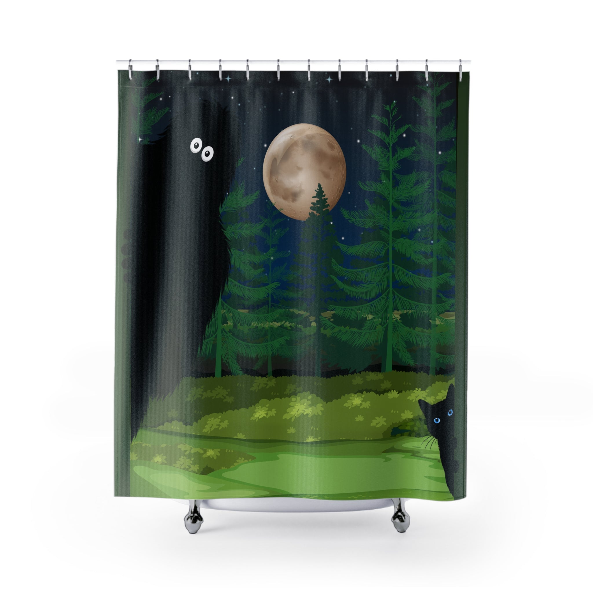 Bigfoot & Cat Midnight Forest Shower Curtain