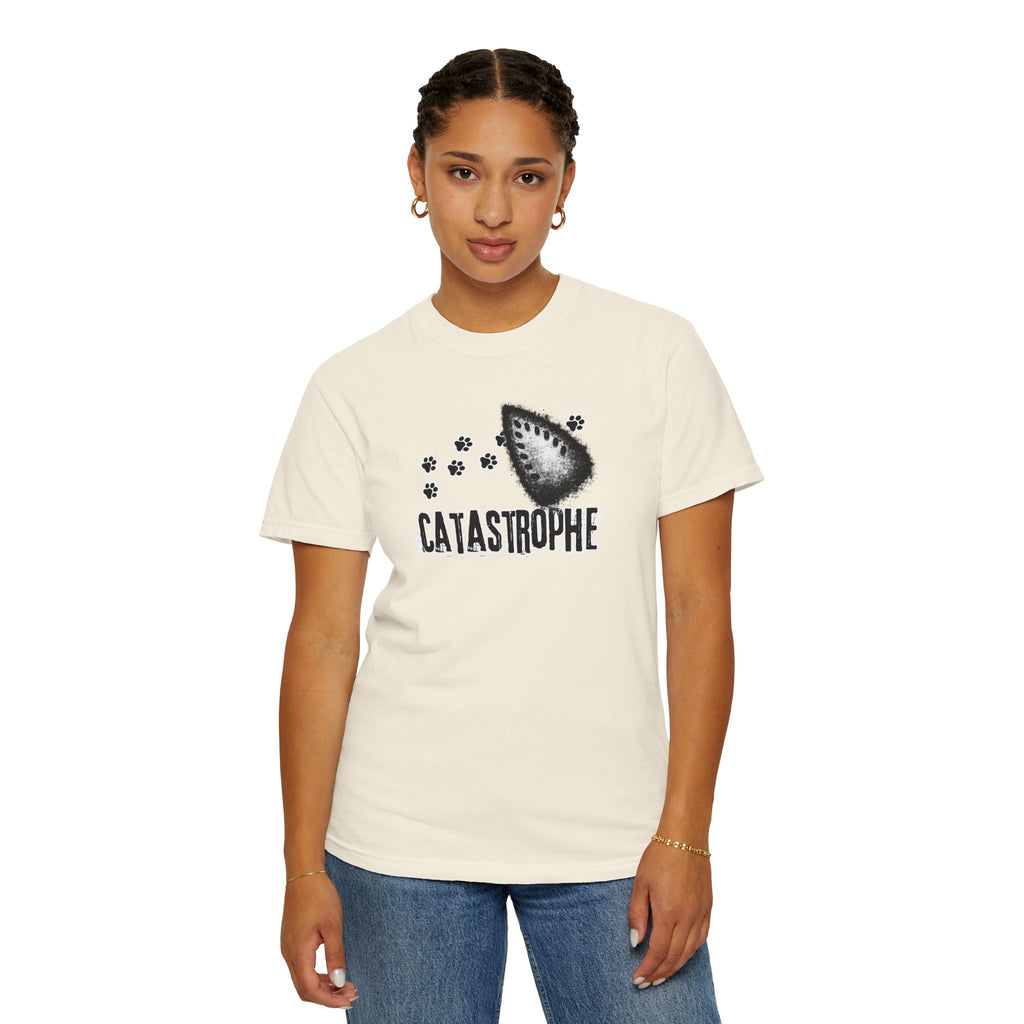 Catastrophe Iron Burn Graphic T-Shirt | Funny Cat Pun Shirt | Distressed Grunge Cat Tee