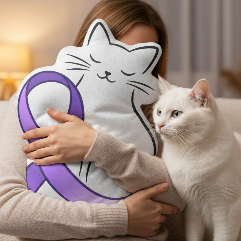 Epikitty Awareness Shaped Pillow – Purple Ribbon Cat