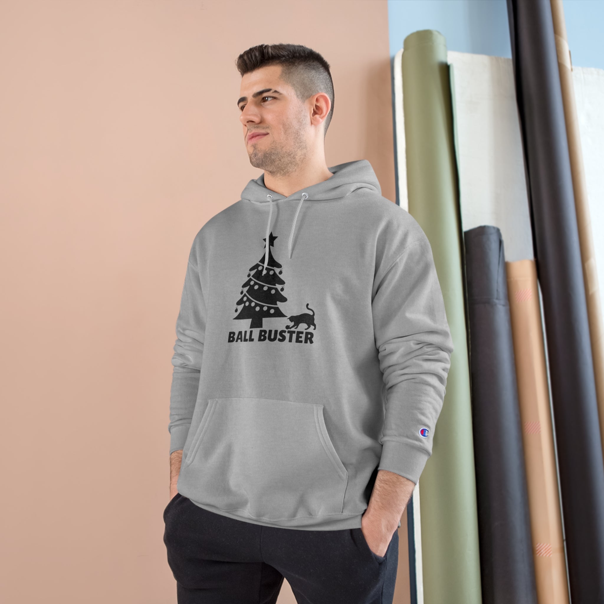 Photo depicting the ​Christmas Ball Buster Champion Hoodie from EpiAl's Shop.