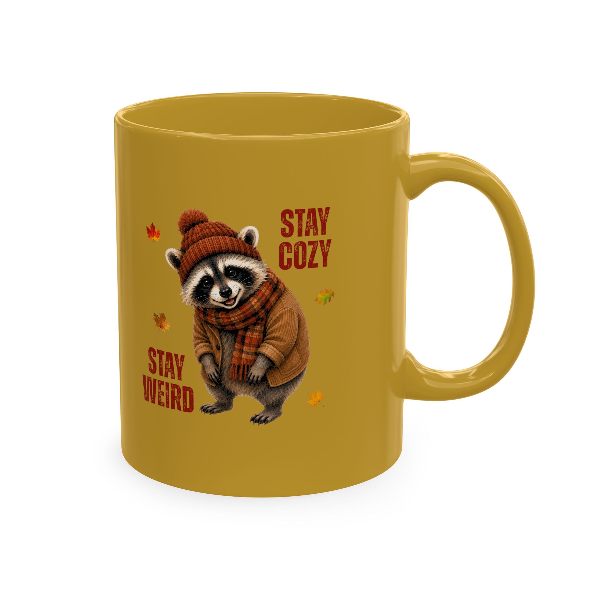 Jimothy “Stay Cozy, Stay Weird” Fall Raccoon Mug, 11 oz