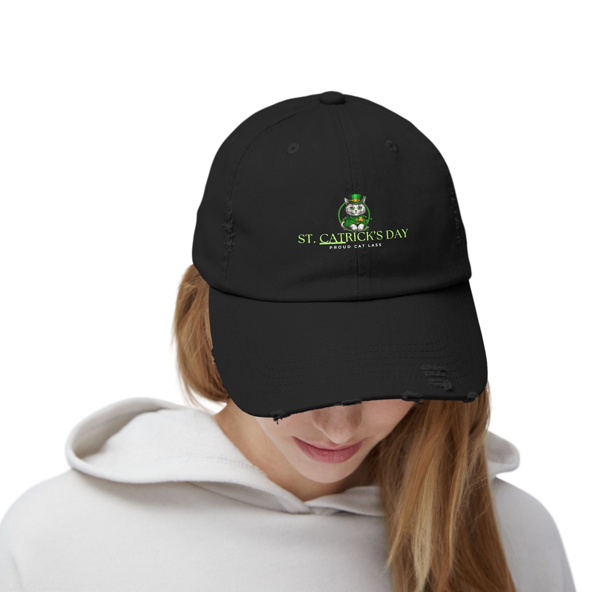 St. Patrick's Day Unisex Distressed Cap - Proud Cat Lass Design Printify