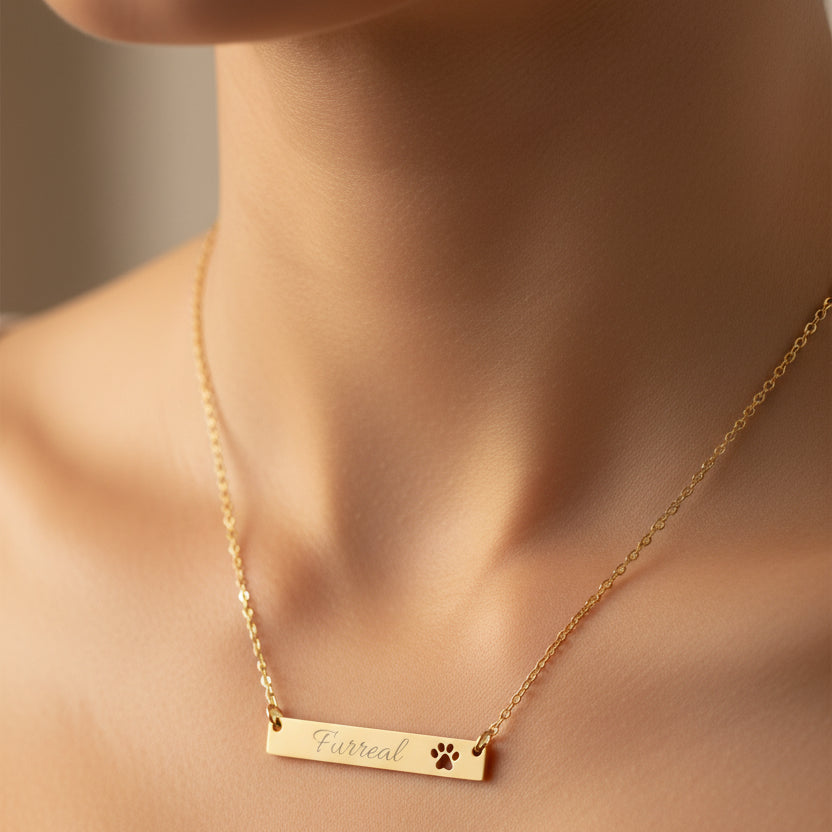 Furreal Engraved Bar Necklace with Paw Detail