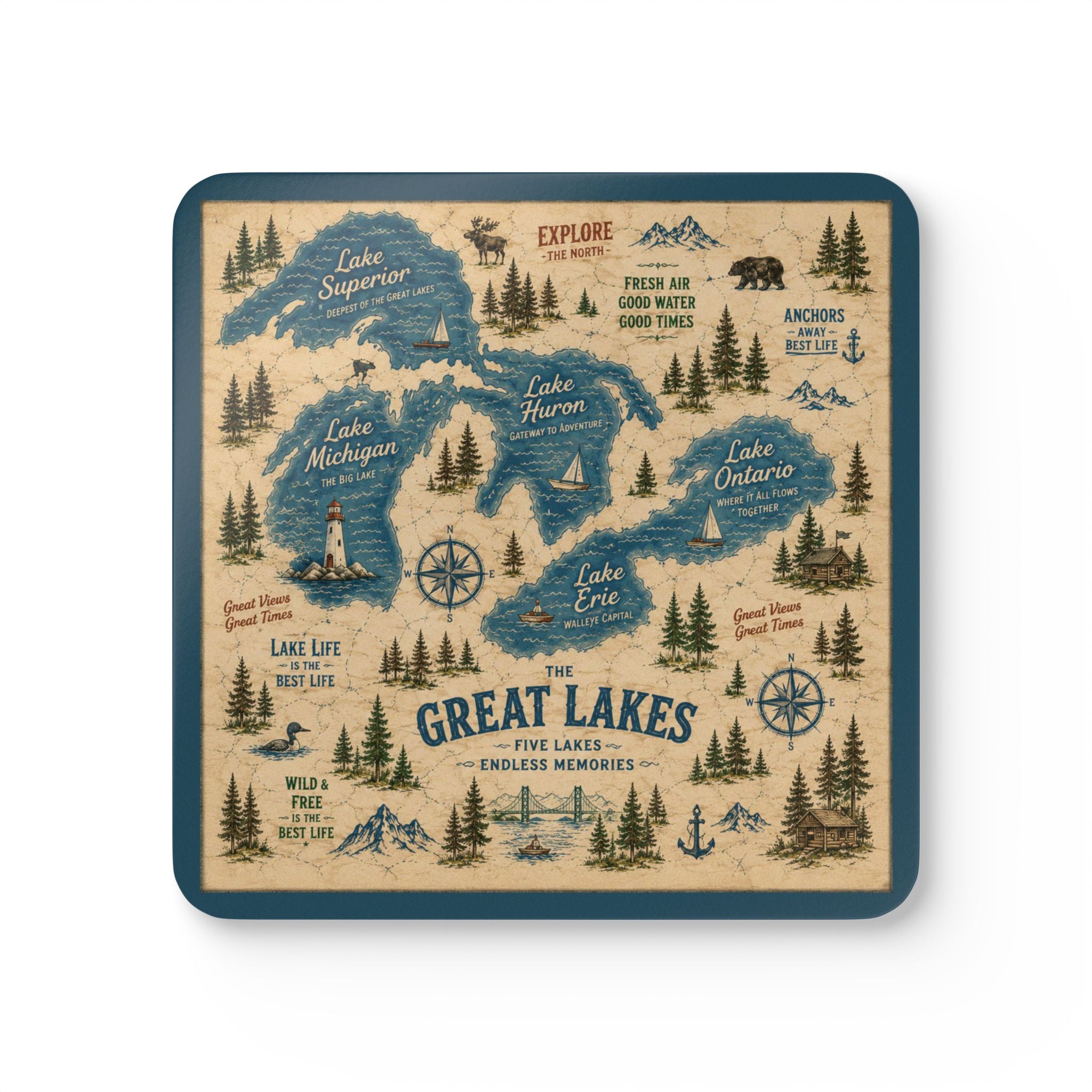 Great Lakes Vintage Map Coaster Set | Lake Ontario / Lake America Conversation Coasters