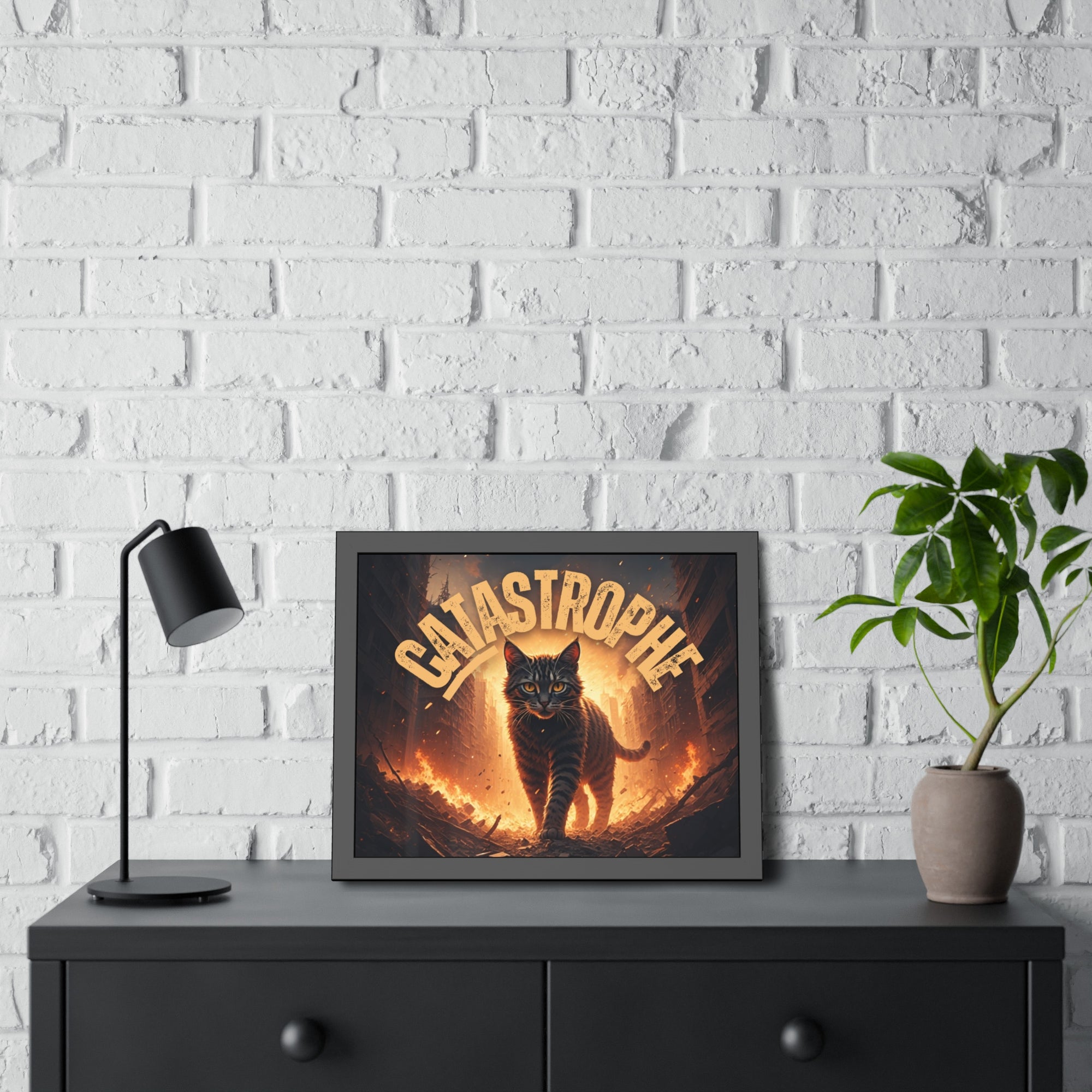 Framed Catastrophe Cat Poster Art, Quirky Cat Artwork