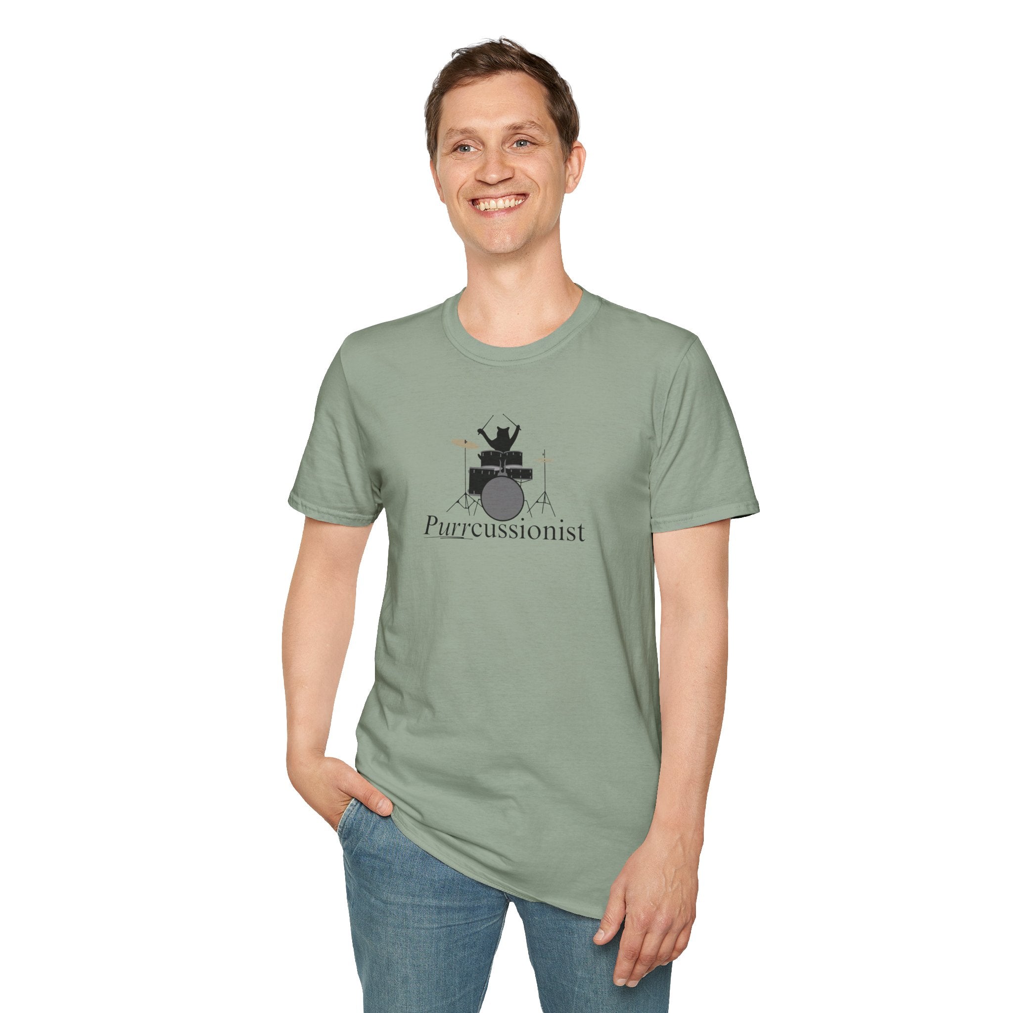 Photo depicting the ​Purrcussionist Unisex Softstyle T-Shirt from EpiAl's Shop.