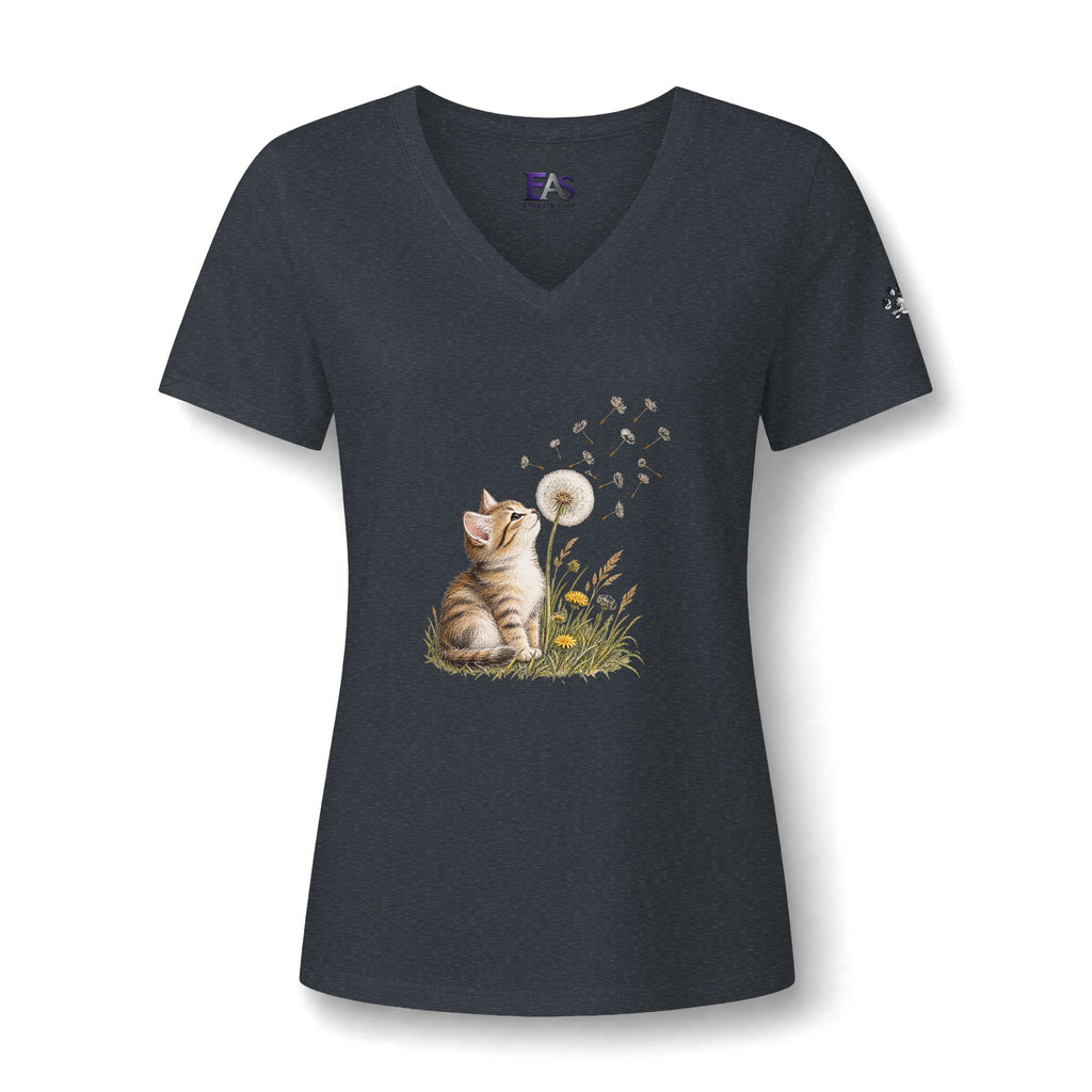 Kitten & Dandelion Women's Relaxed V-Neck T-Shirt | Cat Lover Floral Tee