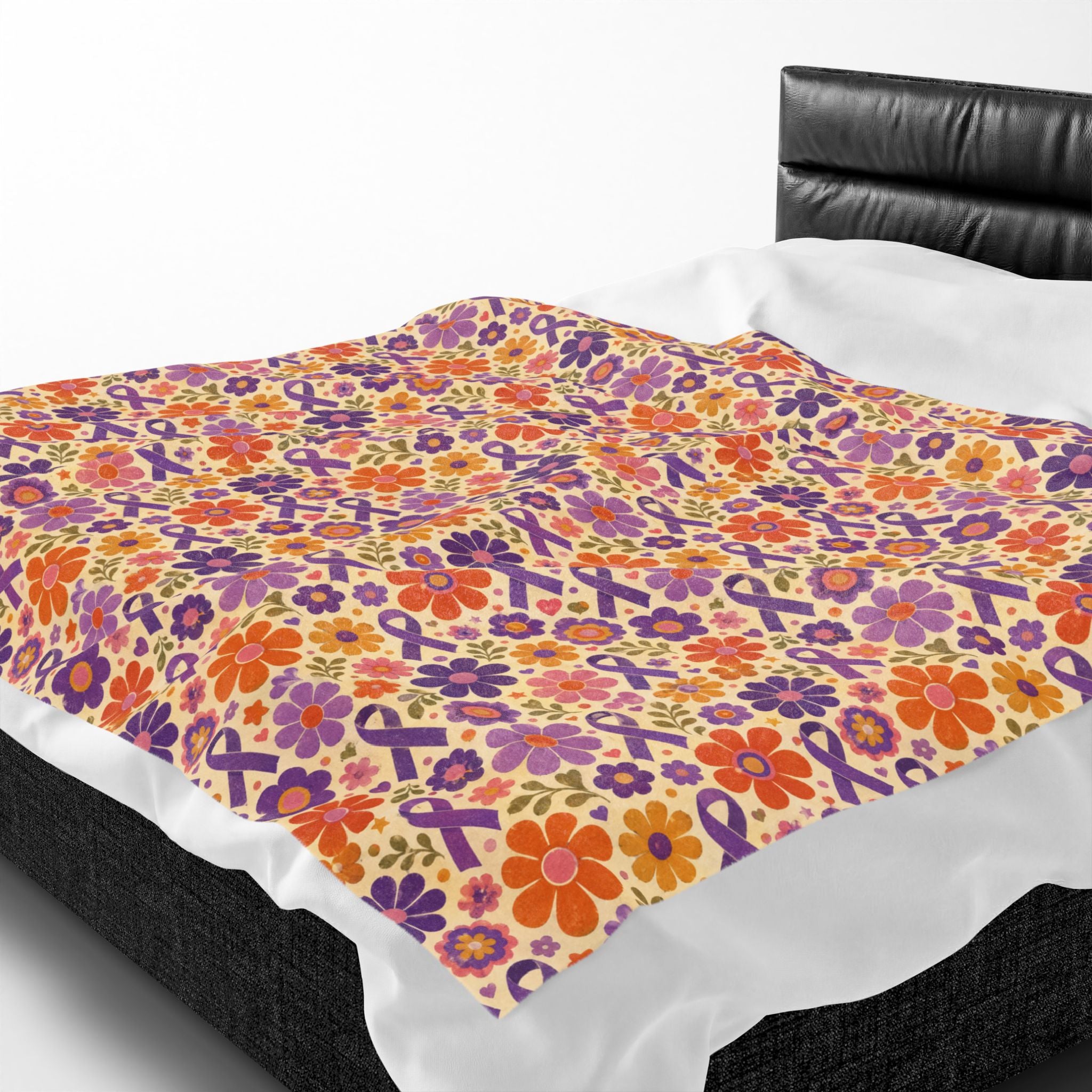 Retro Floral Epilepsy Awareness Plush Blanket | Purple Ribbon Throw