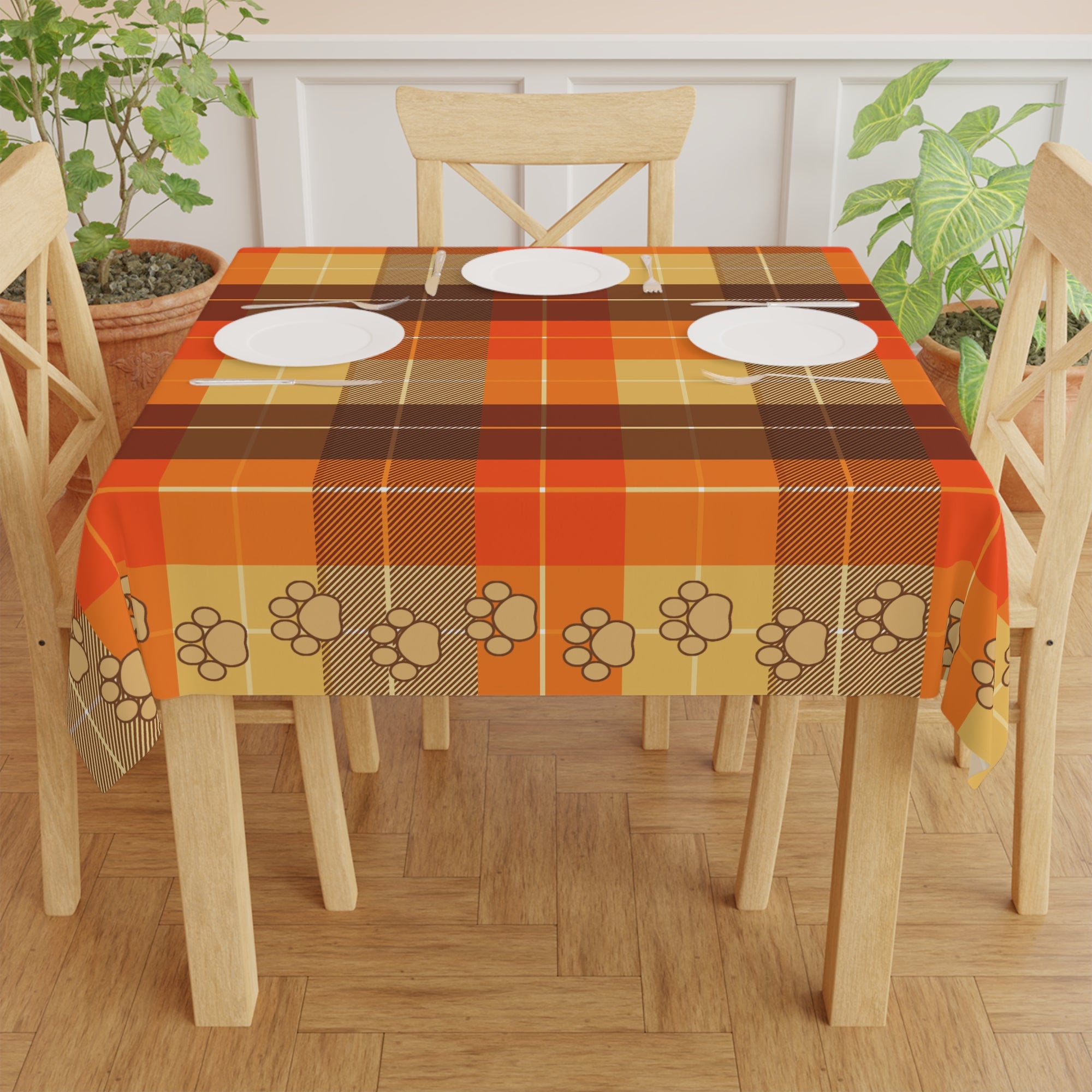 Cozy Autumn Plaid Tablecloth with Paw Prints for Pet Lovers
