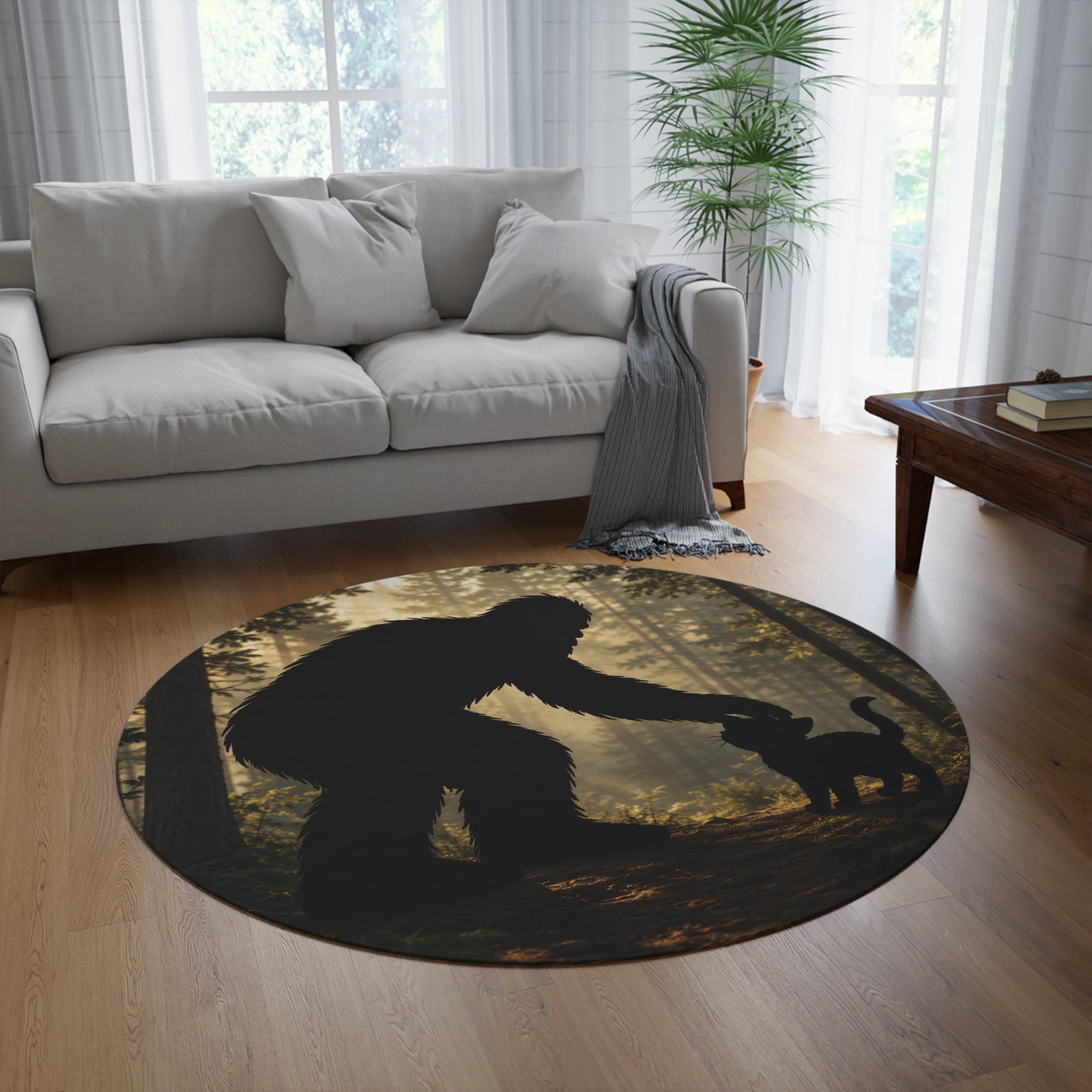 Bigfoot & Cat Unexpected Friends Round Rug