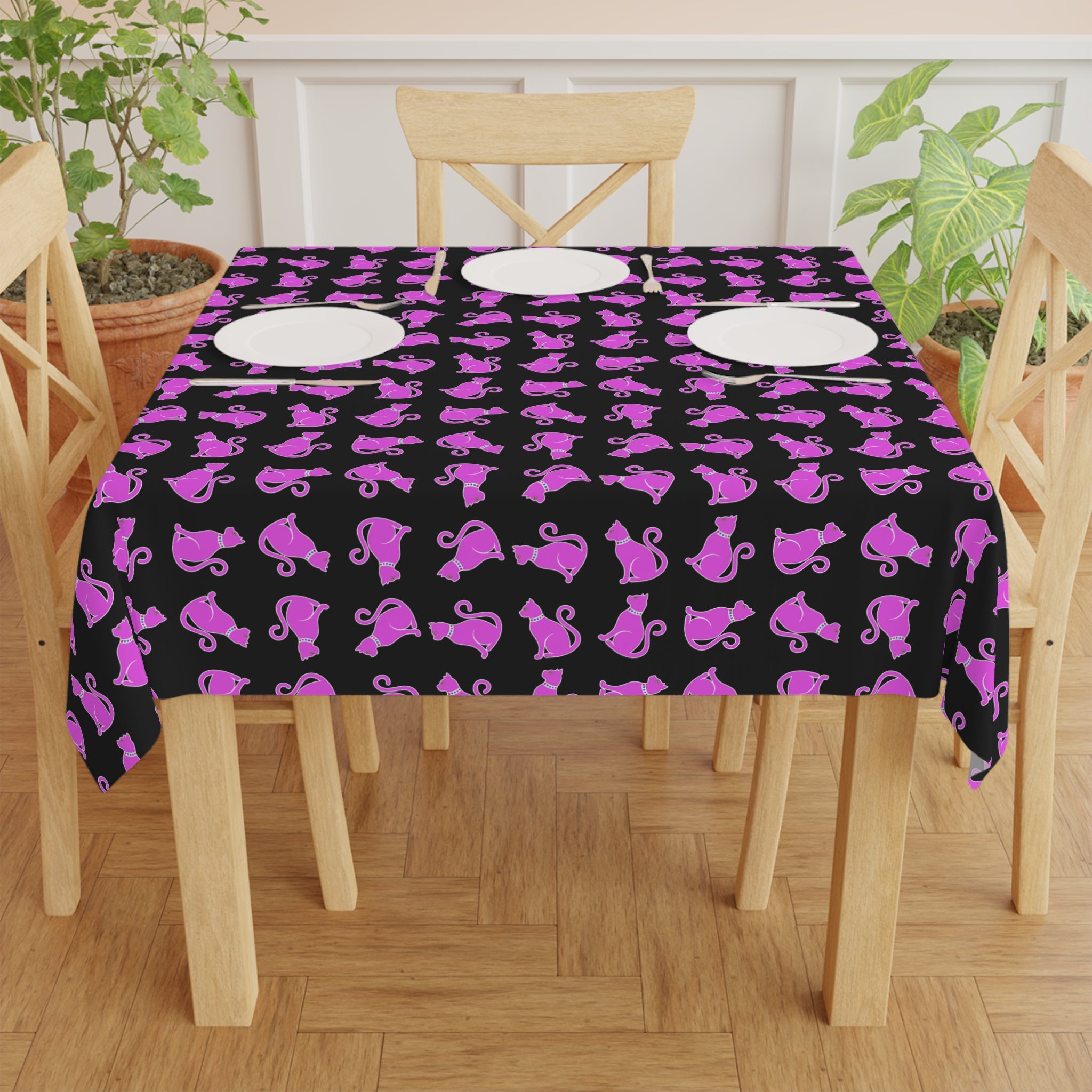 Pink Cat Night Tablecloth – Bright Cat Pattern on Black Square Table Cover