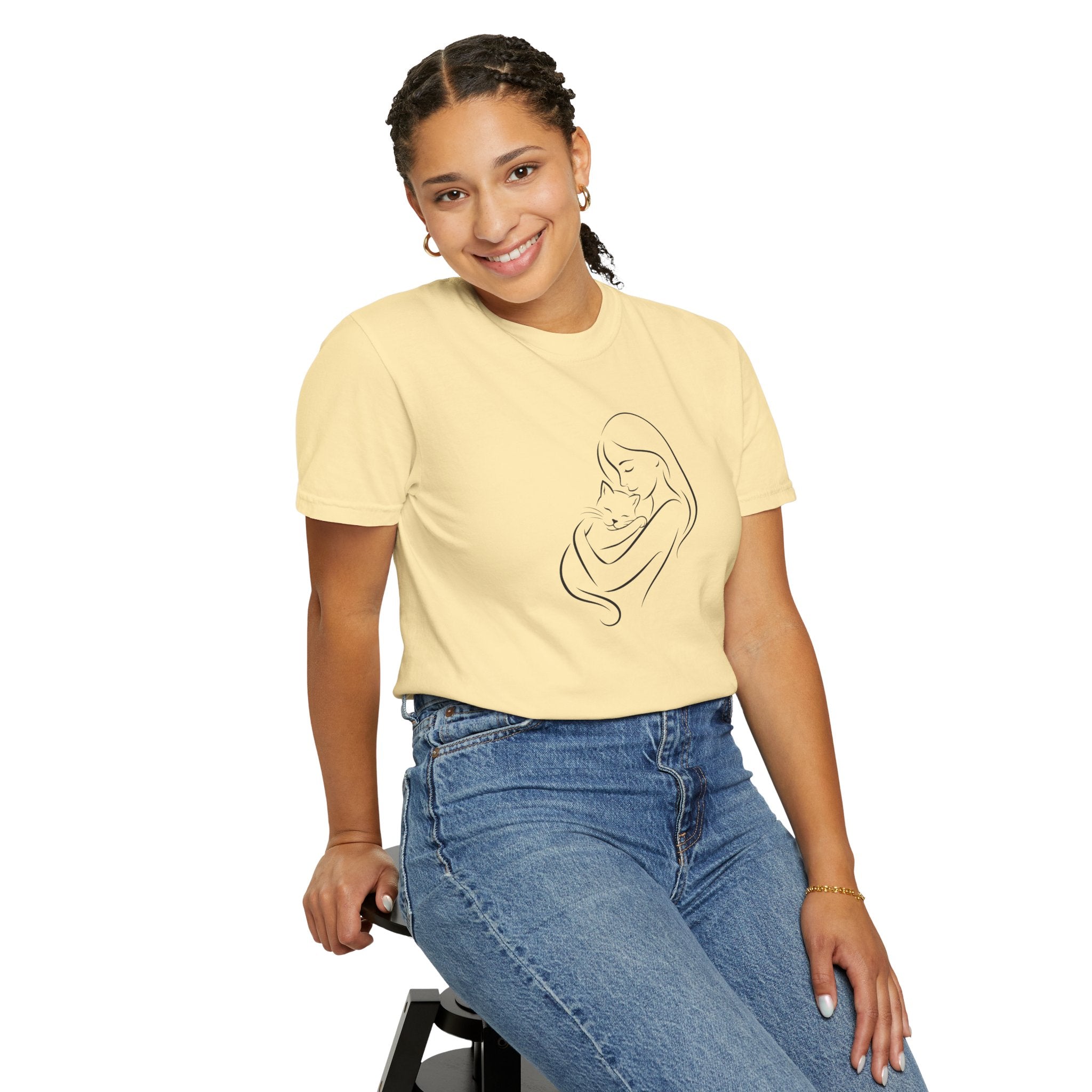 Mother & Cat Embrace T-Shirt | Minimal Line Art Cat Mom Shirt
