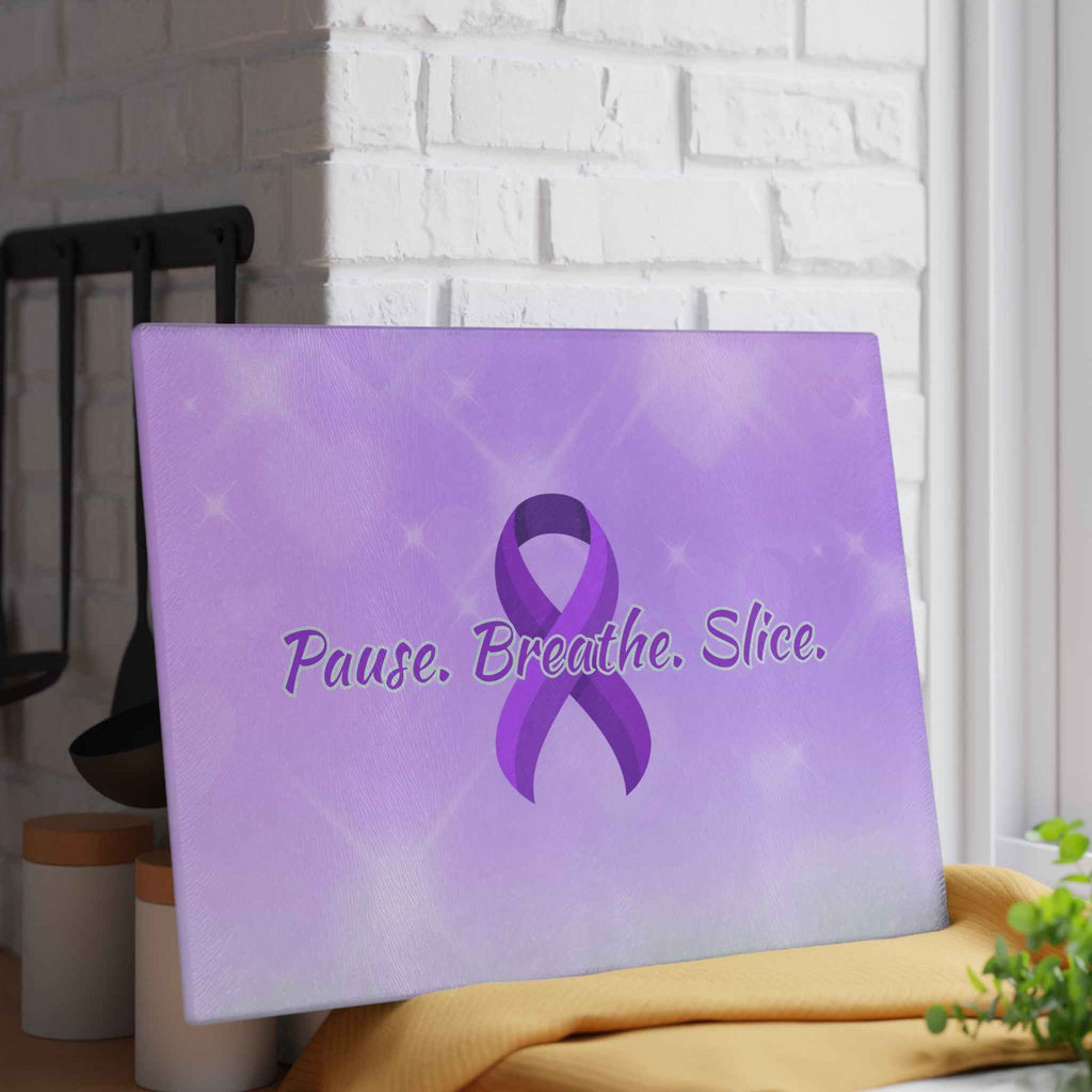 Pause Breathe Slice Epilepsy Awareness Glass Cutting Board – Purple Ribbon Kitchen Board