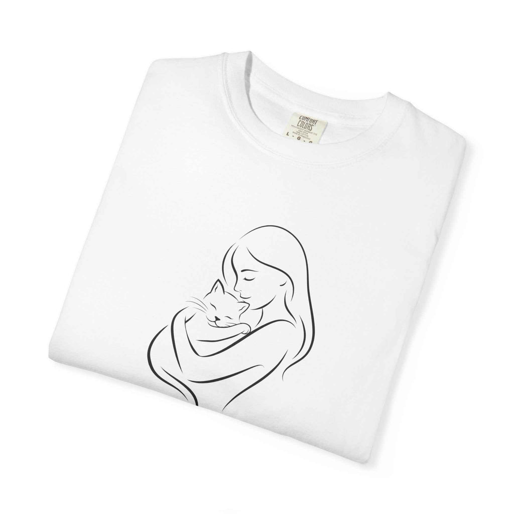 Mother & Cat Embrace T-Shirt | Minimal Line Art Cat Mom Shirt