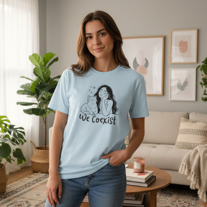 We Coexist T-Shirt – Minimalist Cat Lover Graphic Tee