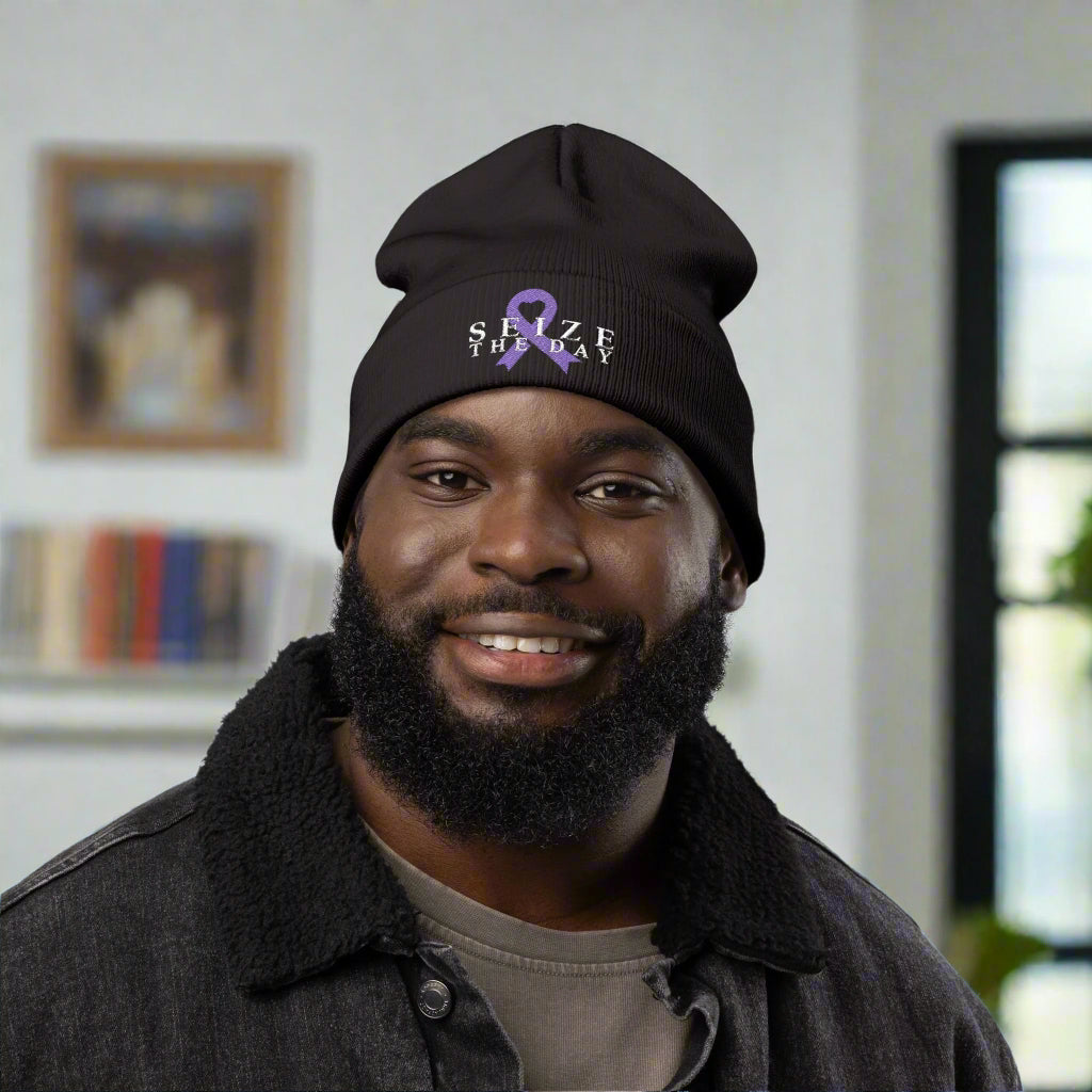 Seize the Day Embroidered Knit Beanie, Cozy Awareness Hat