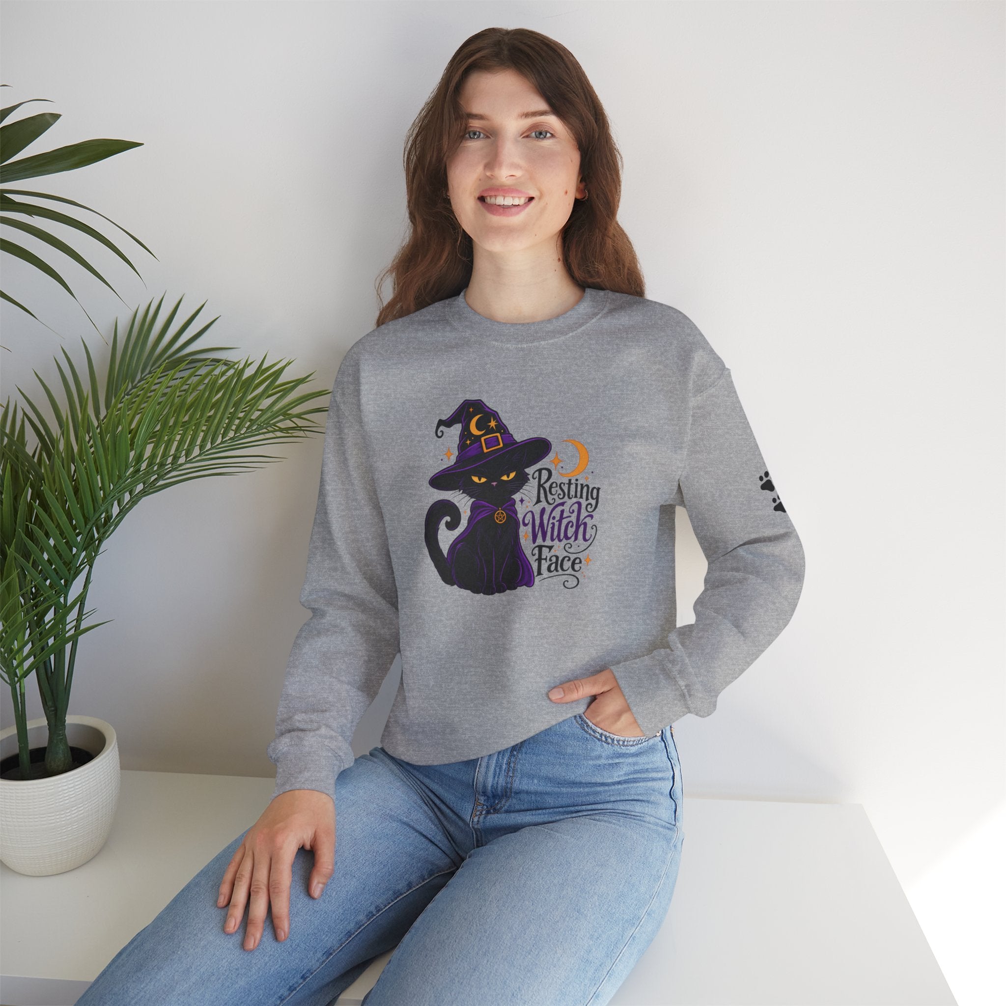 Resting Witch Face Cat Sweatshirt | Halloween Witch Cat Crewneck