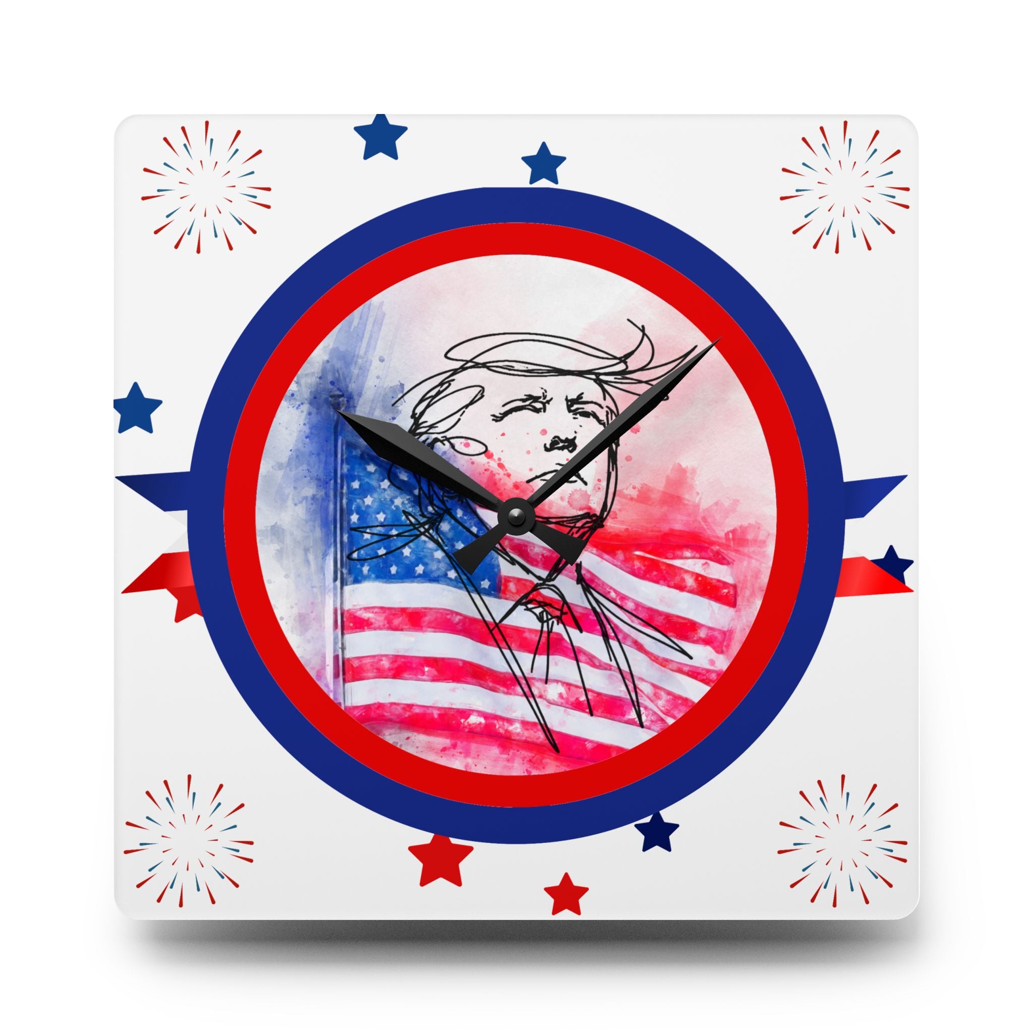 Patriotic Sketch Portrait Acrylic Wall Clock – American Flag Watercolor Clock