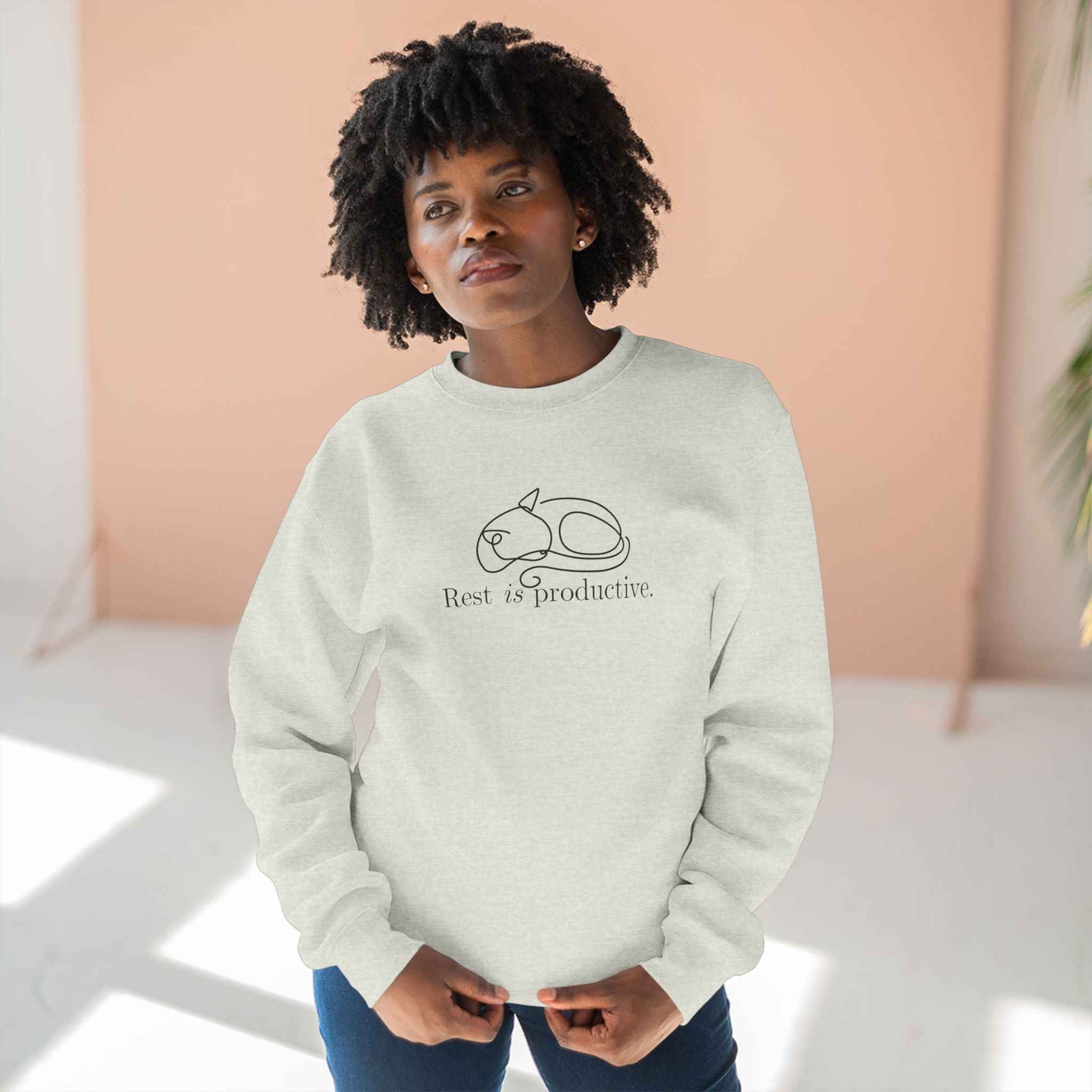 “Rest Is Productive” Minimalist Cat Sweatshirt – Comfort Fleece Pullover
